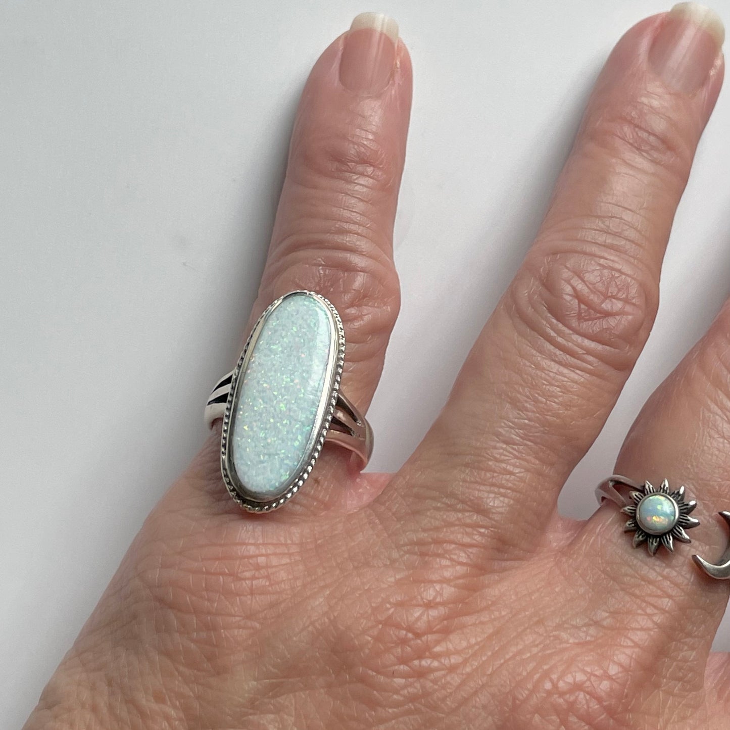 Large White Lab Opal Sterling Silver Ring - October Birthstone