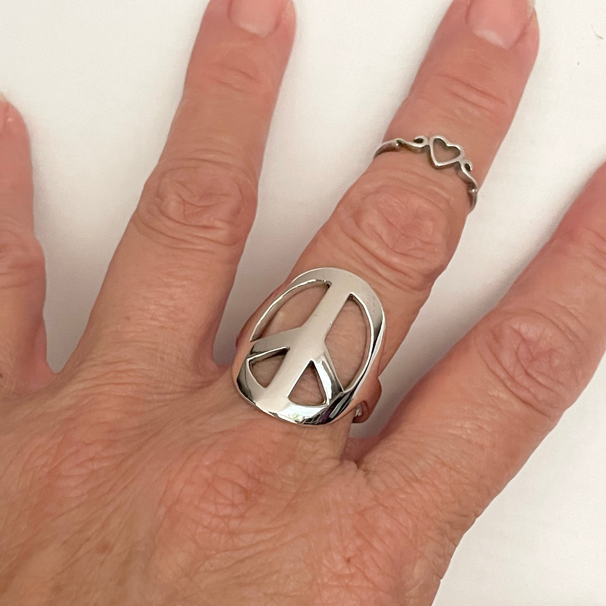Sterling Silver Peace Sign Ring: Unisex Hippie Statement Ring