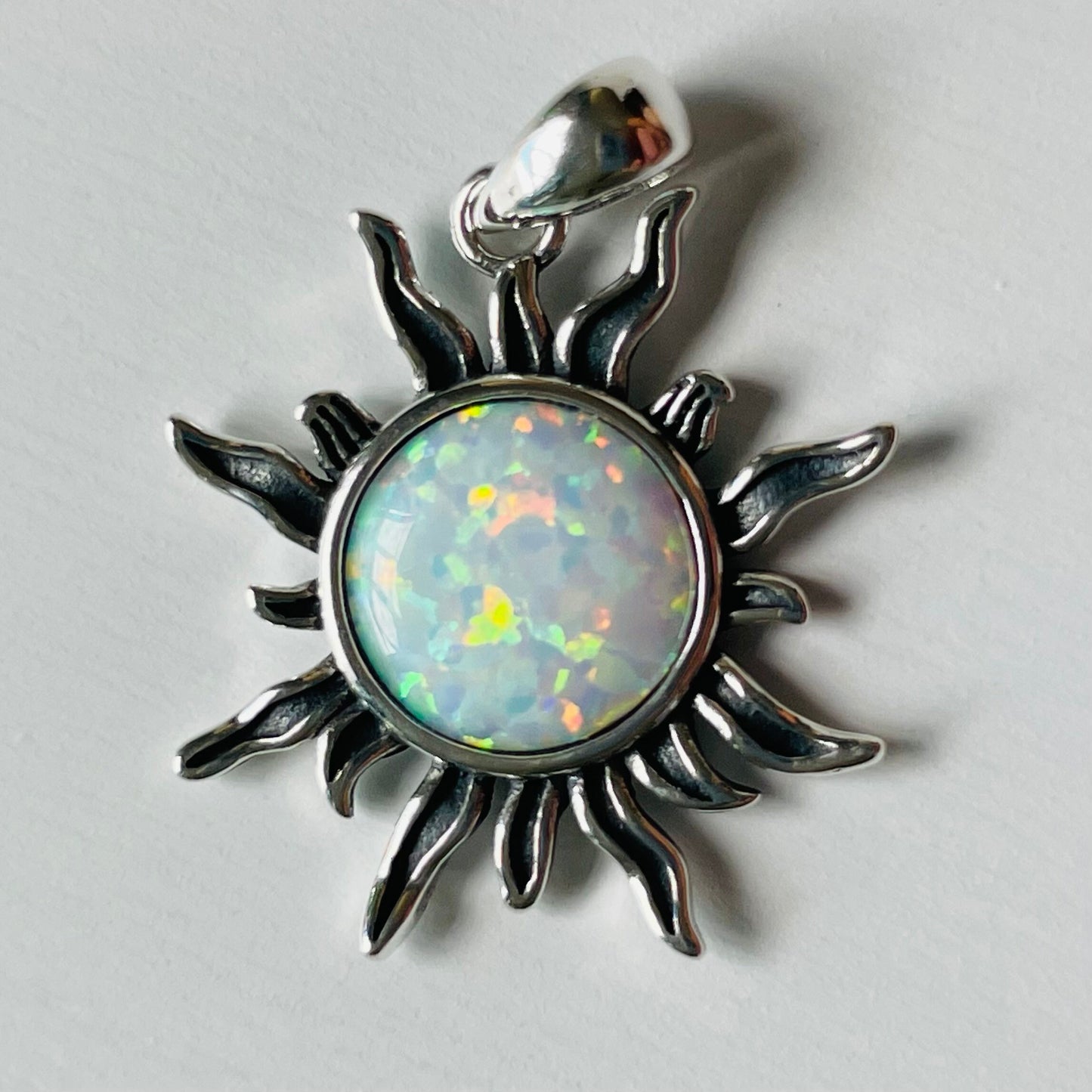 Genuine Turquoise or Opal Sterling Silver Blazing Sun Necklace, Silver Opal Necklace, Silver Turquoise Pendant, Him or Her Necklace