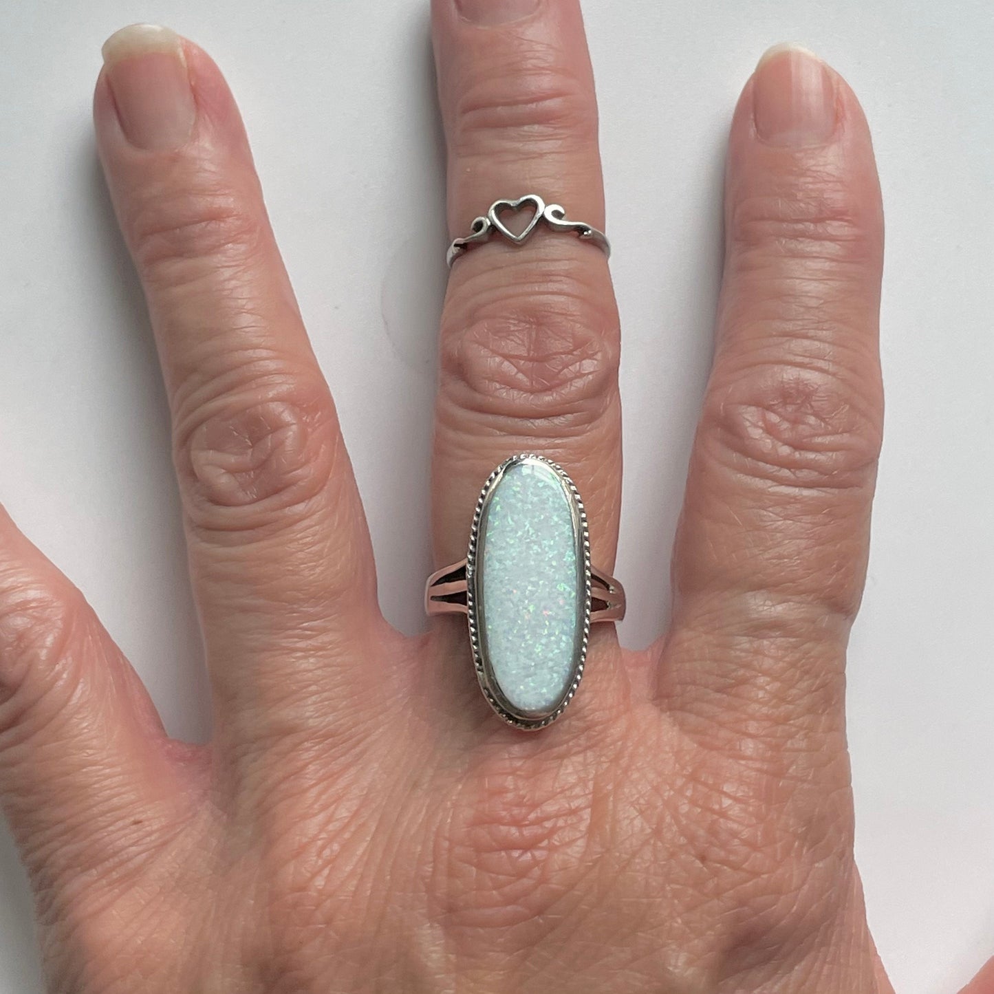 Large White Lab Opal Sterling Silver Ring - October Birthstone