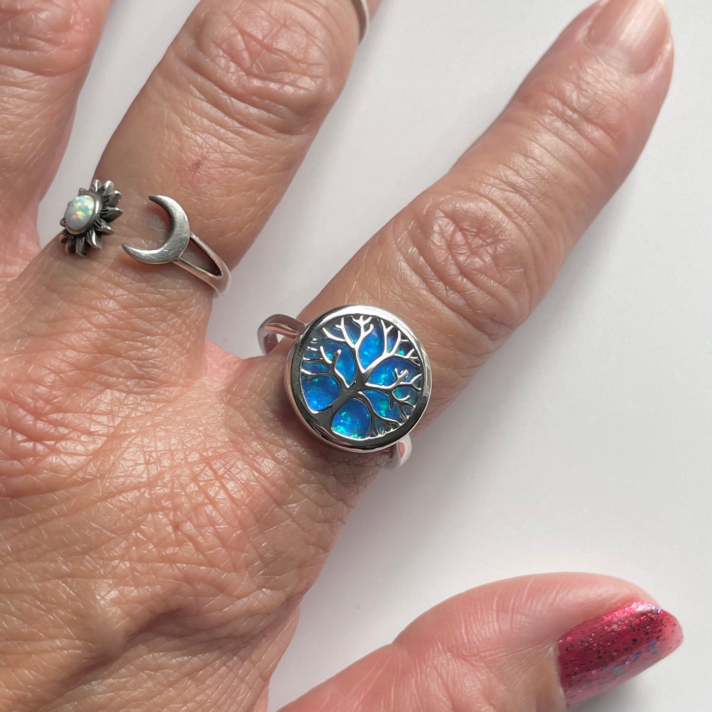 Opal Tree of Life Sterling Silver Ring or Necklace Pendant, Blue Opal Ring, Family Tree Necklace, Family Tree Promise Ring, Opal Necklace