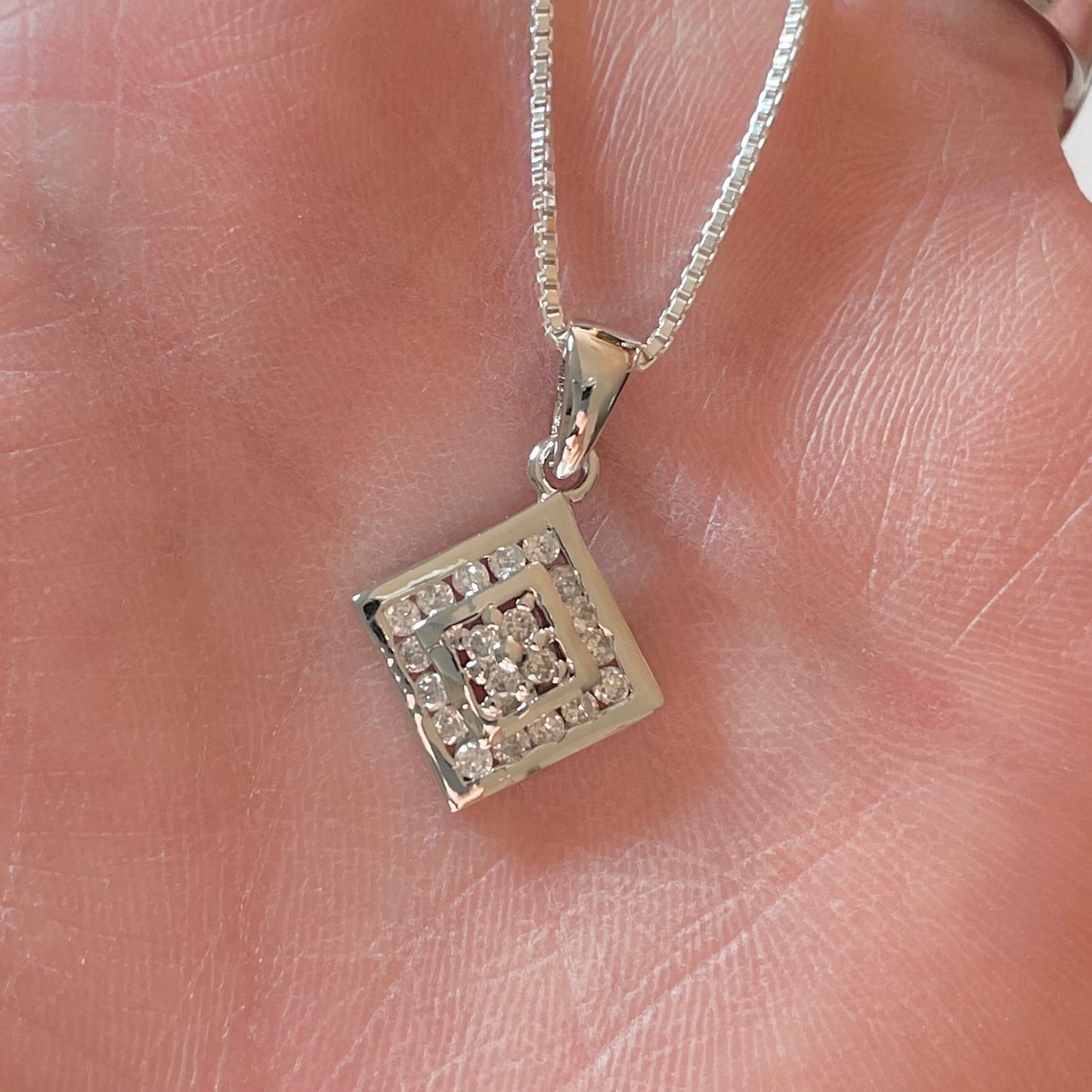 Sterling Silver Small CZ Pendant Necklace, Cubic Zirconia Pendant, CZ Square Pendant, Italian Silver Chain, CZ Necklace, Silver Necklace