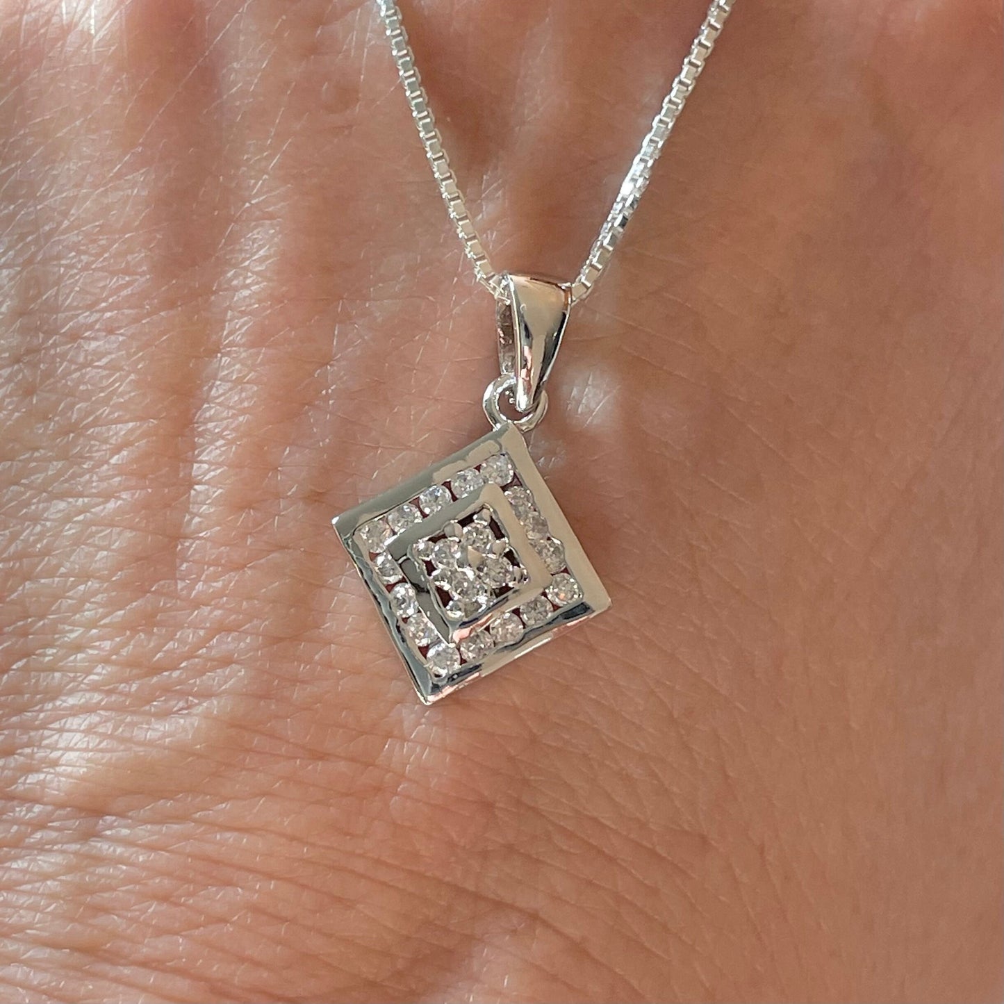 Sterling Silver Small CZ Pendant Necklace, Cubic Zirconia Pendant, CZ Square Pendant, Italian Silver Chain, CZ Necklace, Silver Necklace