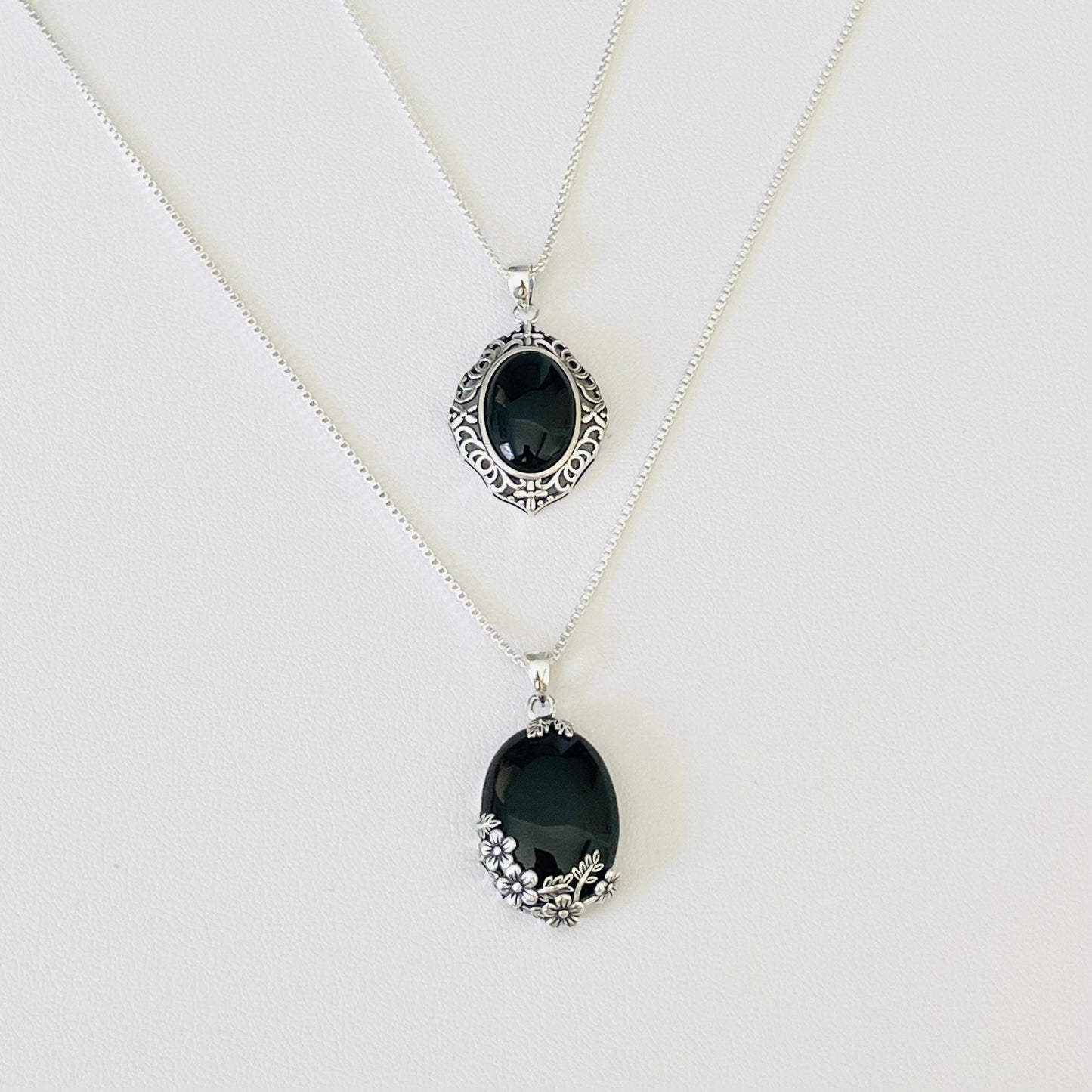 Black Agate Sterling Silver Pendant Necklace: Hawaii Flower Onyx Jewelry