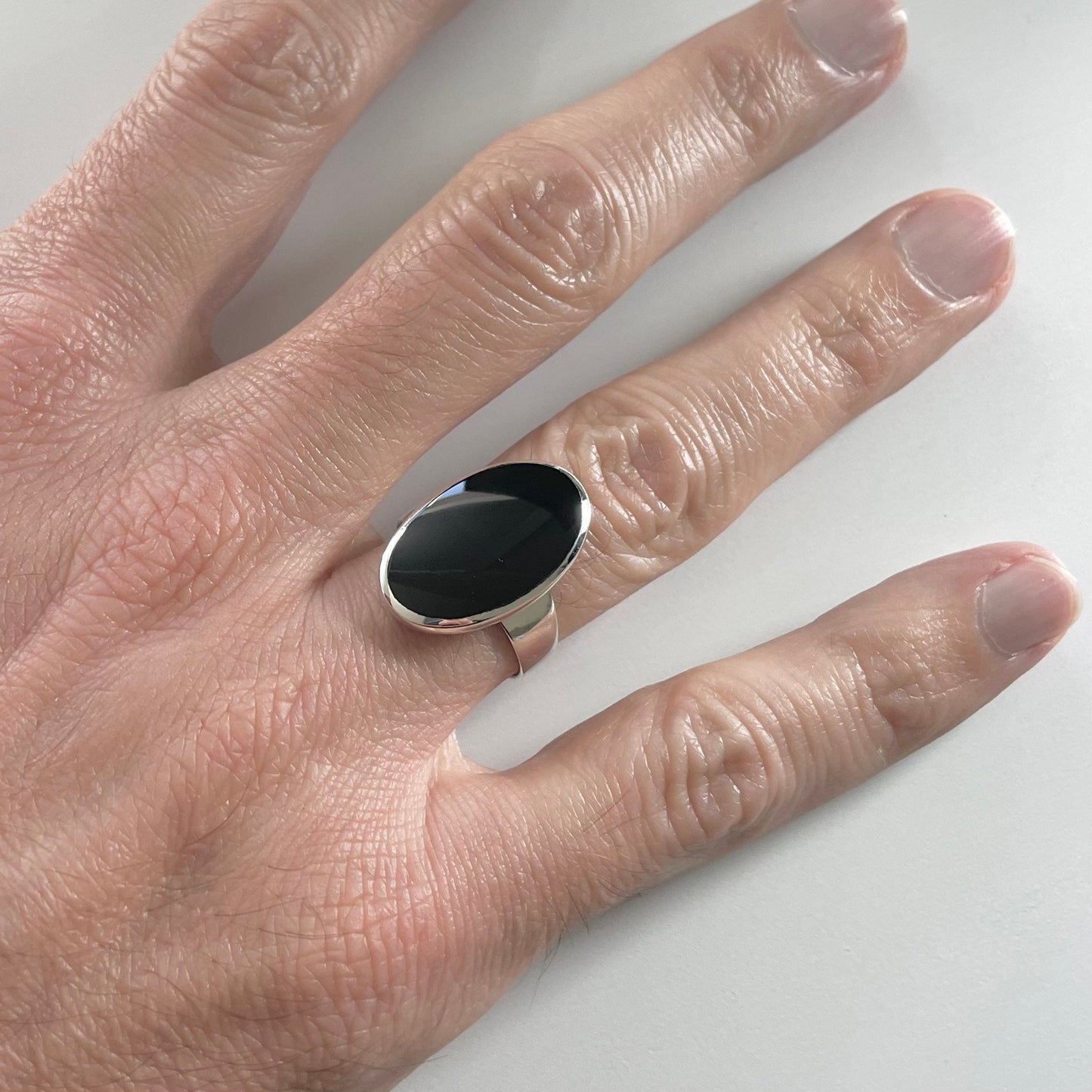 Oval Black Agate Sterling Silver Ring: Unisex Statement Jewelry