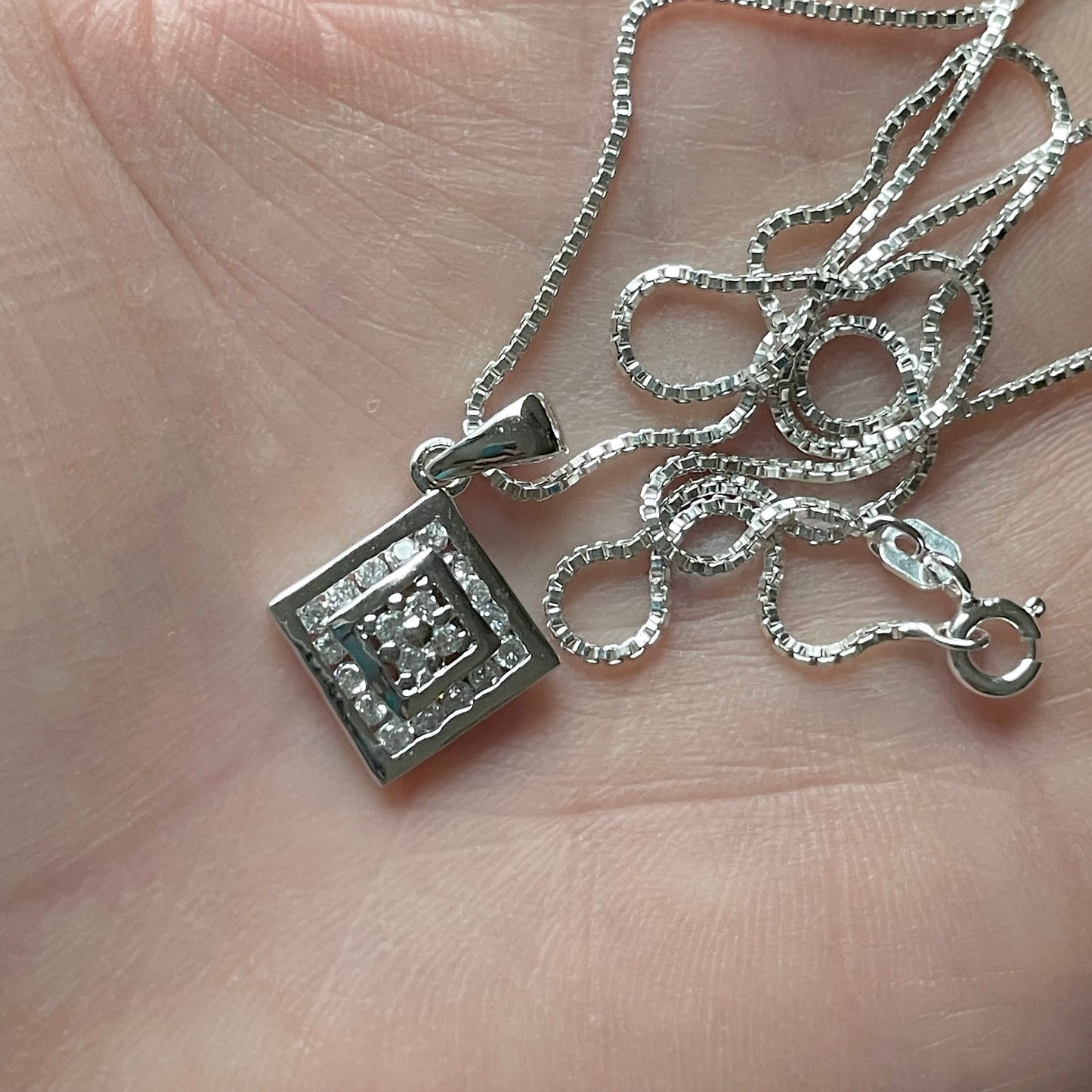 Sterling Silver Small CZ Pendant Necklace, Cubic Zirconia Pendant, CZ Square Pendant, Italian Silver Chain, CZ Necklace, Silver Necklace