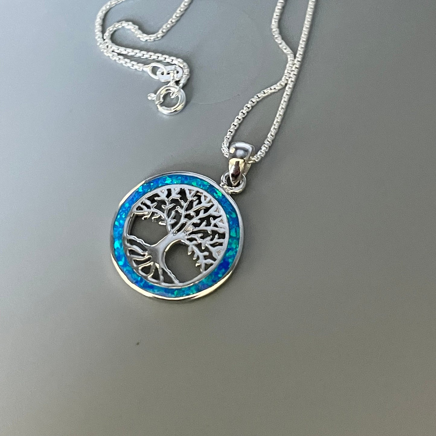Opal Tree of Life Sterling Silver Ring or Necklace Pendant, Blue Opal Ring, Family Tree Necklace, Family Tree Promise Ring, Opal Necklace