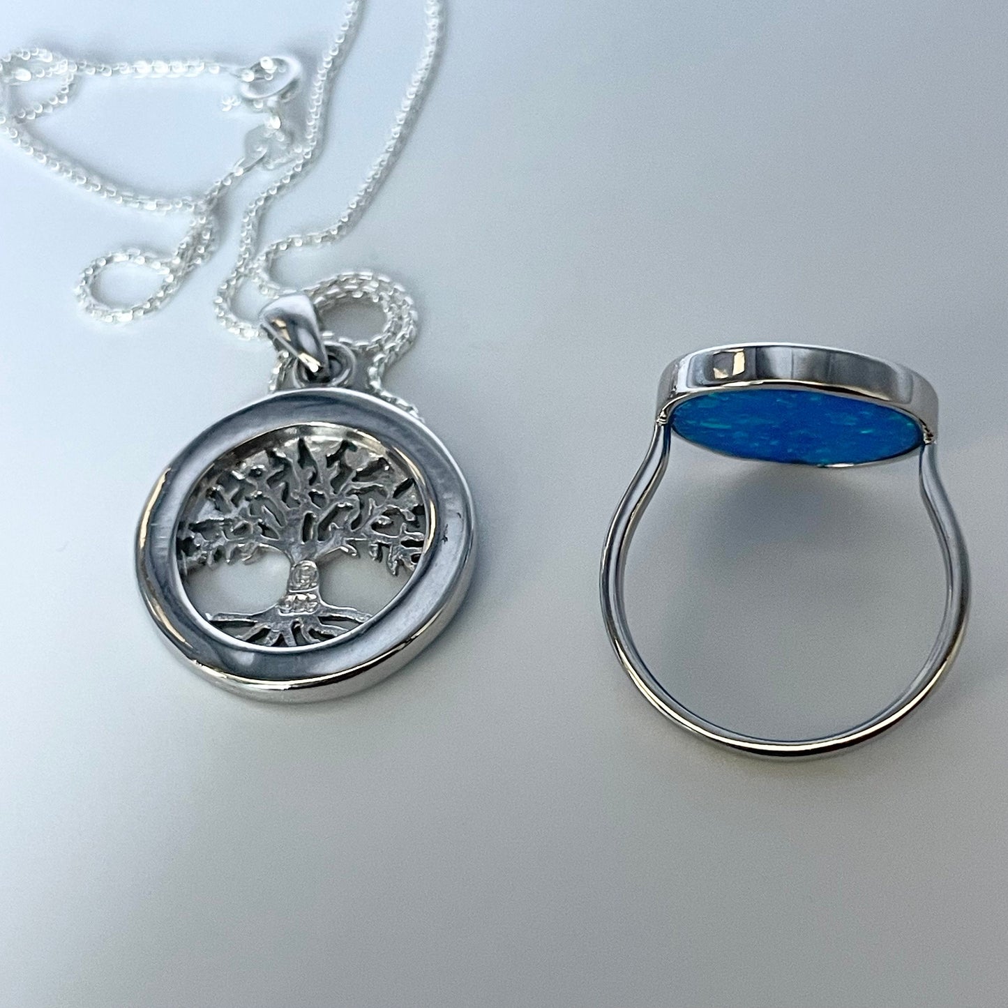 Opal Tree of Life Sterling Silver Ring or Necklace Pendant, Blue Opal Ring, Family Tree Necklace, Family Tree Promise Ring, Opal Necklace
