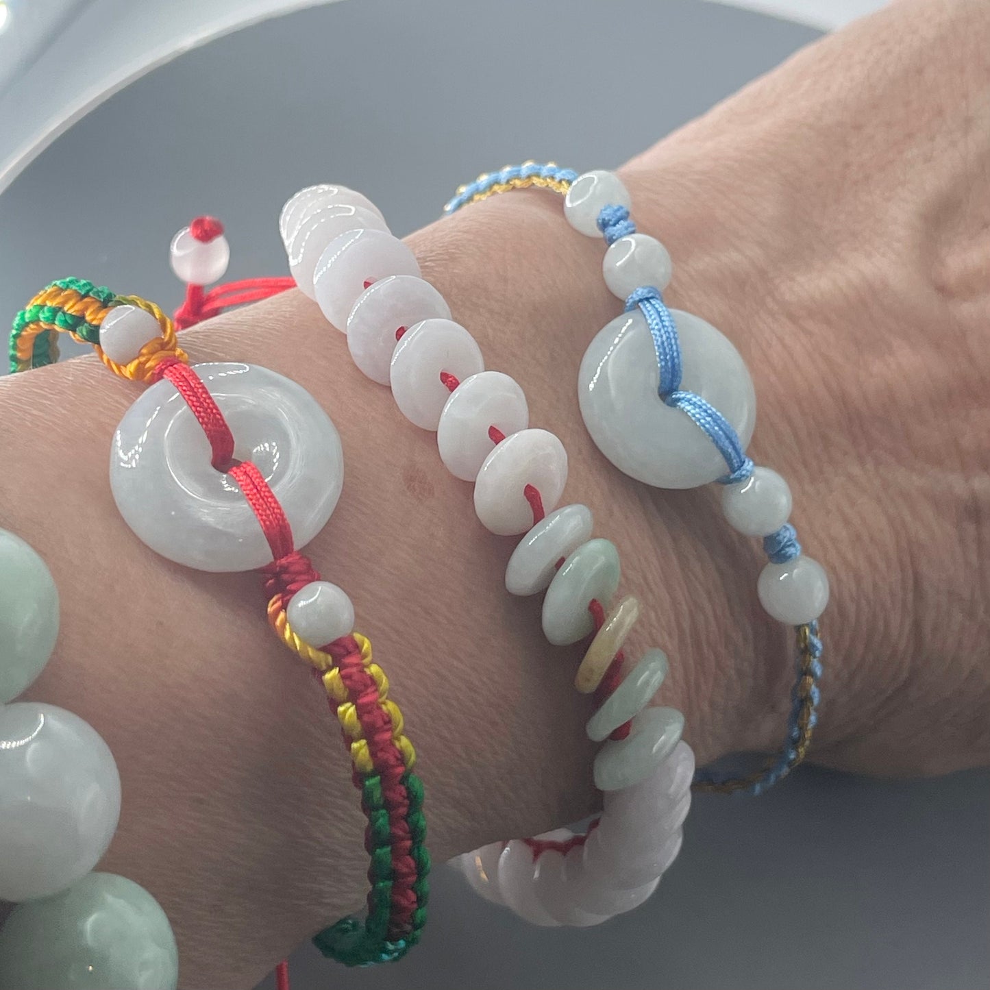 Natural one or multiple Jade Donuts red, blue rope Bracelet, Women Jade Bracelets, Unisex Jade Bracelet or Anklet, Promise Jade Bracelet.