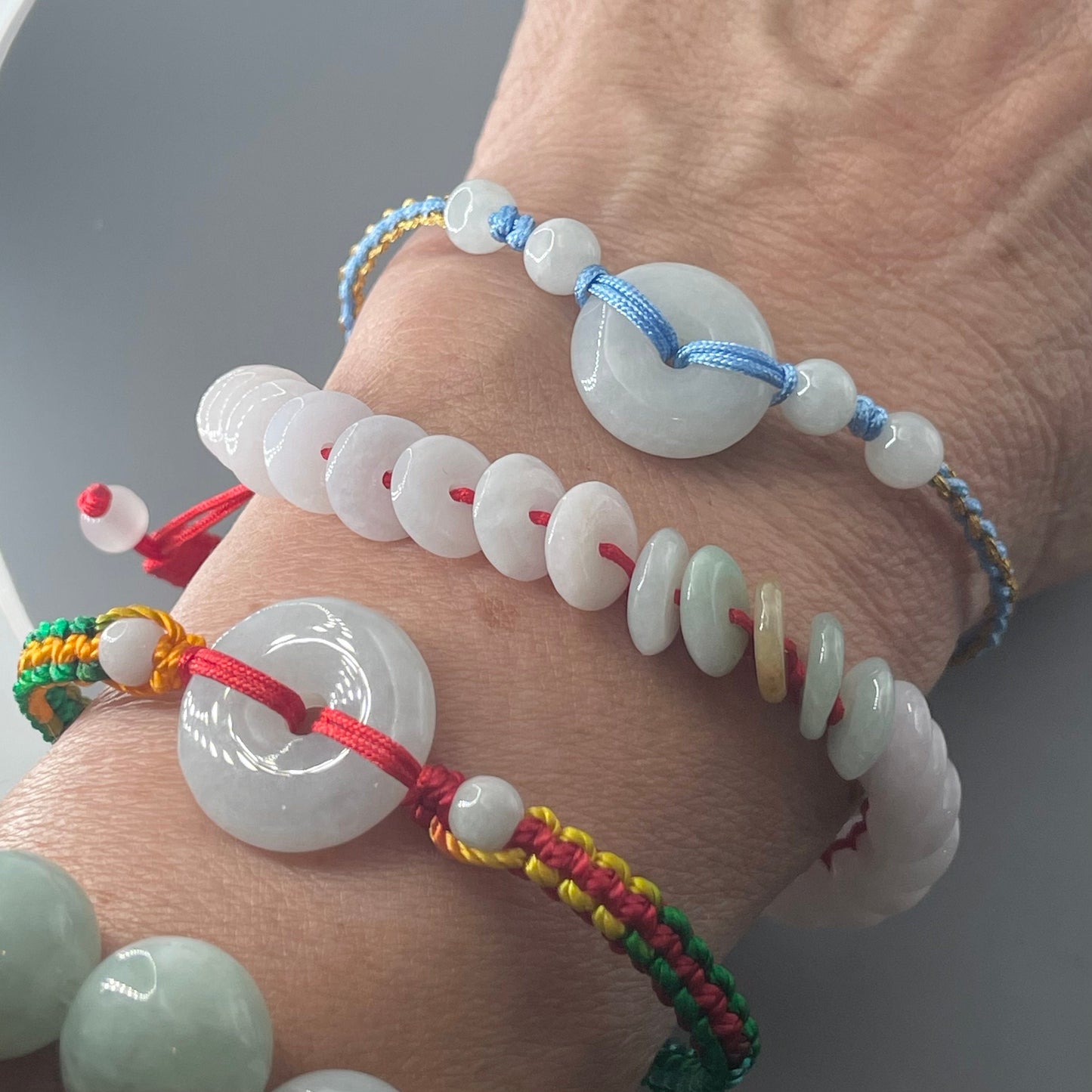 Natural one or multiple Jade Donuts red, blue rope Bracelet, Women Jade Bracelets, Unisex Jade Bracelet or Anklet, Promise Jade Bracelet.