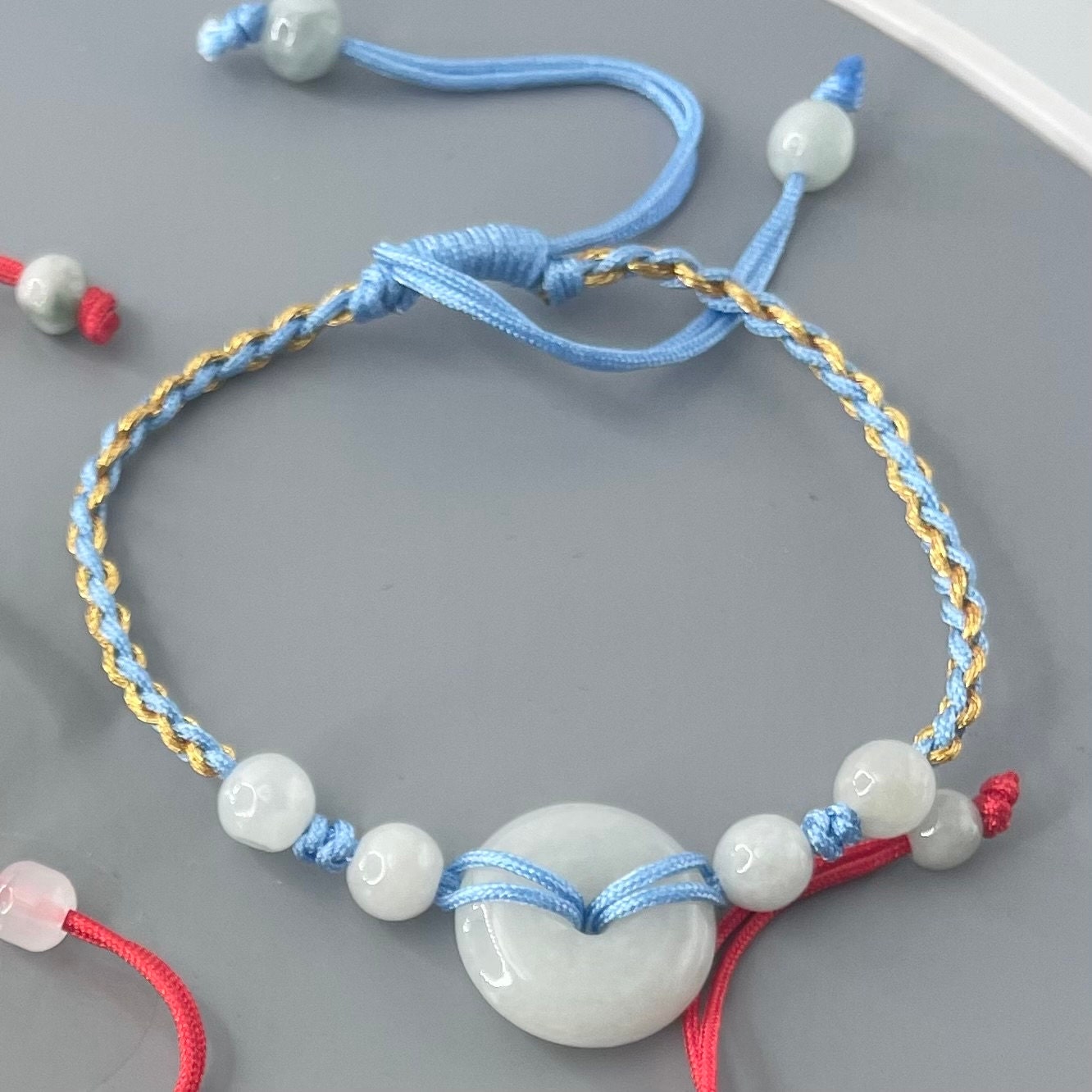 Natural one or multiple Jade Donuts red, blue rope Bracelet, Women Jade Bracelets, Unisex Jade Bracelet or Anklet, Promise Jade Bracelet.