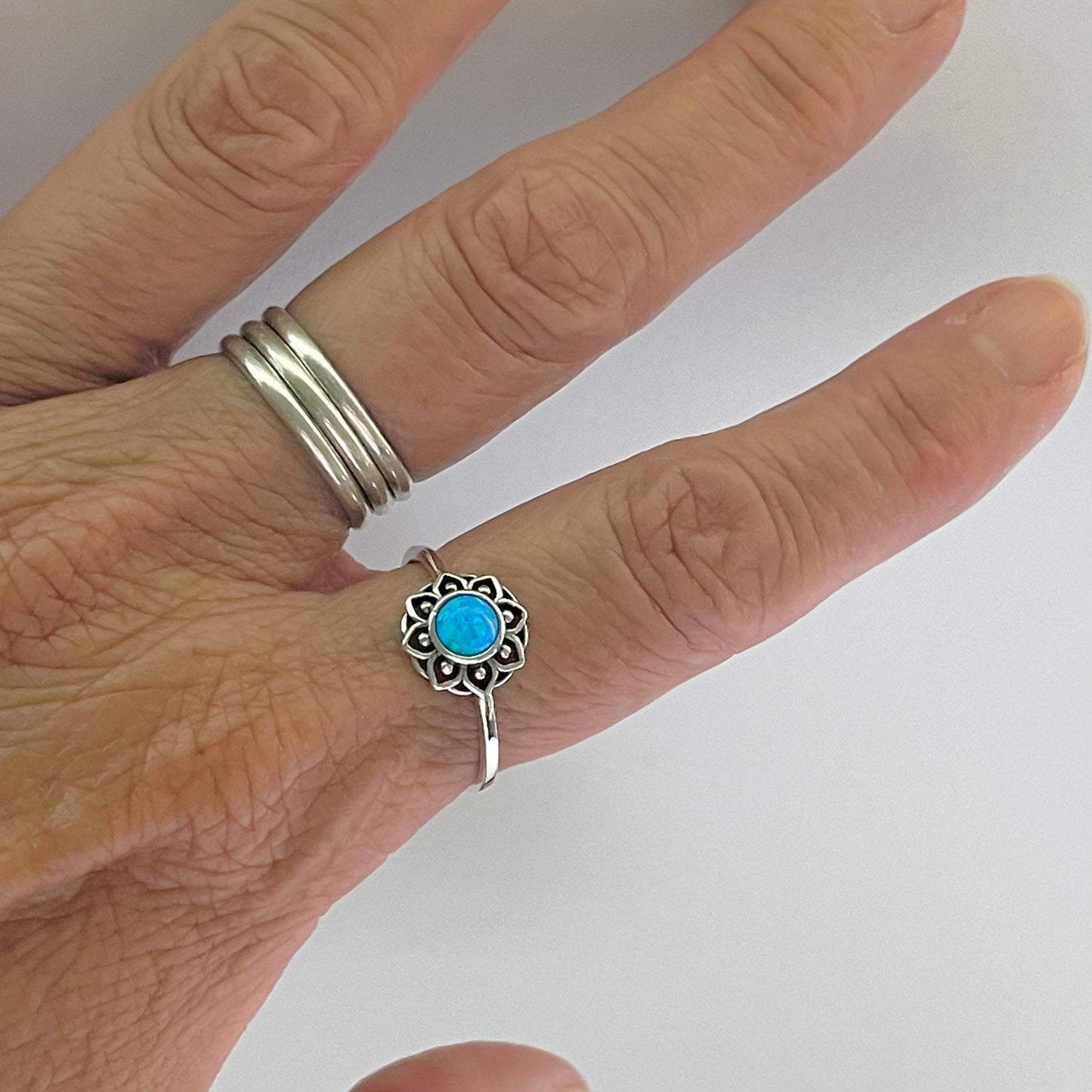 Sterling Silver White or Blue Opal Mandala Ring, Silver Flower Ring, Mandala Silver Ring, Opal Silver Ring, Floral Ring, Statement Ring