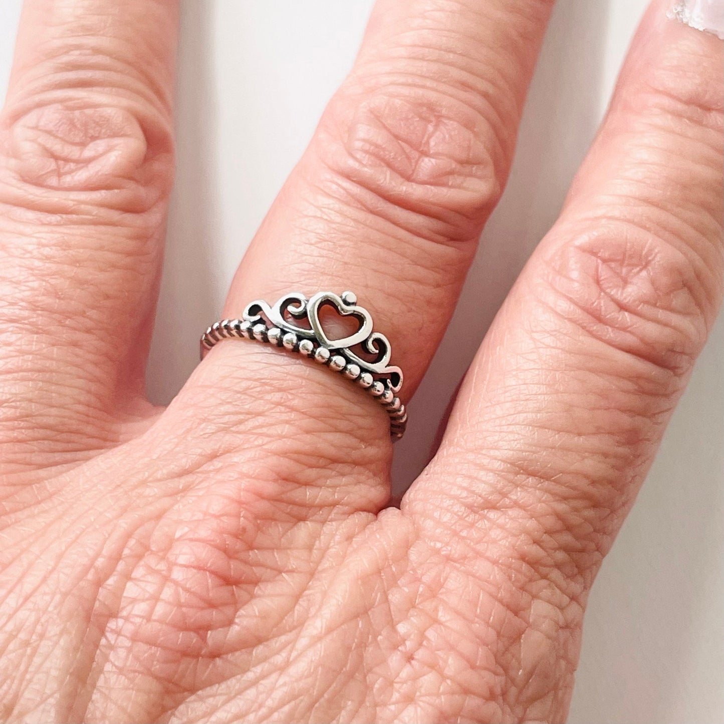 Sterling Silver Crown Heart Ring: CZ Accent, Oxidized Finish