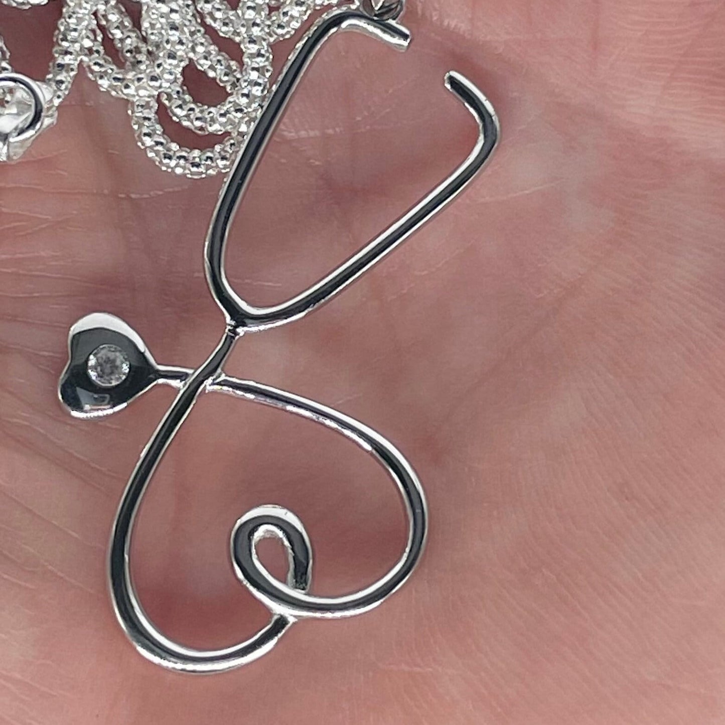Sterling Silver Heart Stethoscope Pendant Necklace, Nurse Heart Necklace, Stethoscope Necklace, Frontline Worker Jewelry, Silver CZ Pendant
