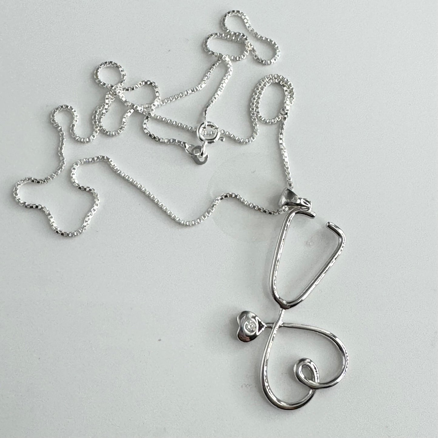 Sterling Silver Heart Stethoscope Pendant Necklace, Nurse Heart Necklace, Stethoscope Necklace, Frontline Worker Jewelry, Silver CZ Pendant