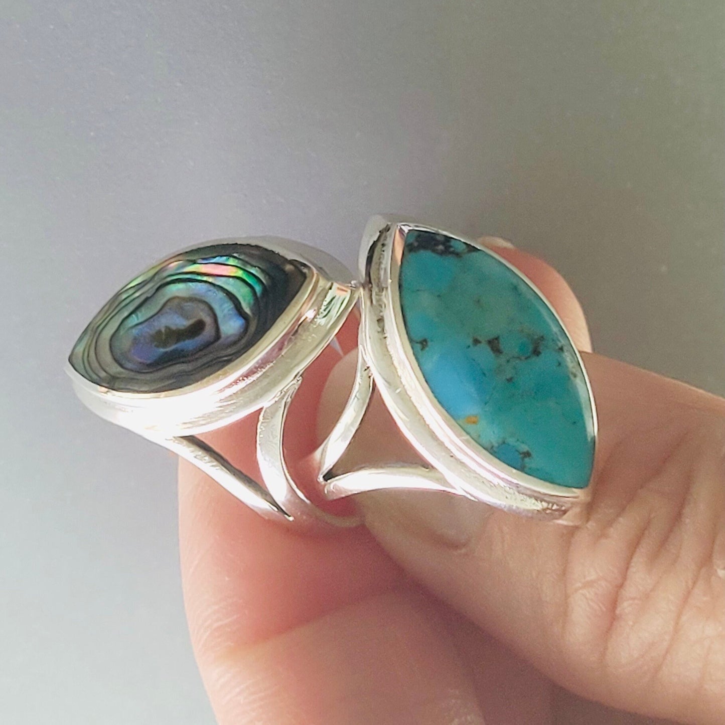 Sterling Silver Genuine Turquoise or Abalone Ring, Diamond Shape Silver Turquoise Ring, Promise Love Ring, Silver Abalone Ring, Simple Ring