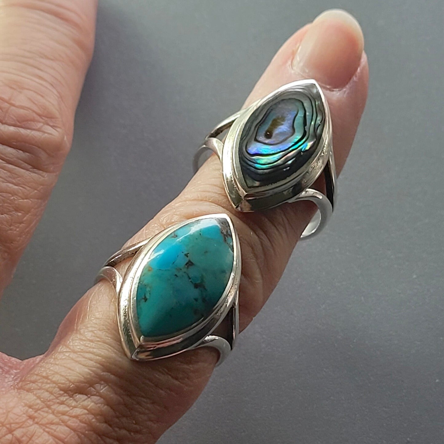 Sterling Silver Genuine Turquoise or Abalone Ring, Diamond Shape Silver Turquoise Ring, Promise Love Ring, Silver Abalone Ring, Simple Ring