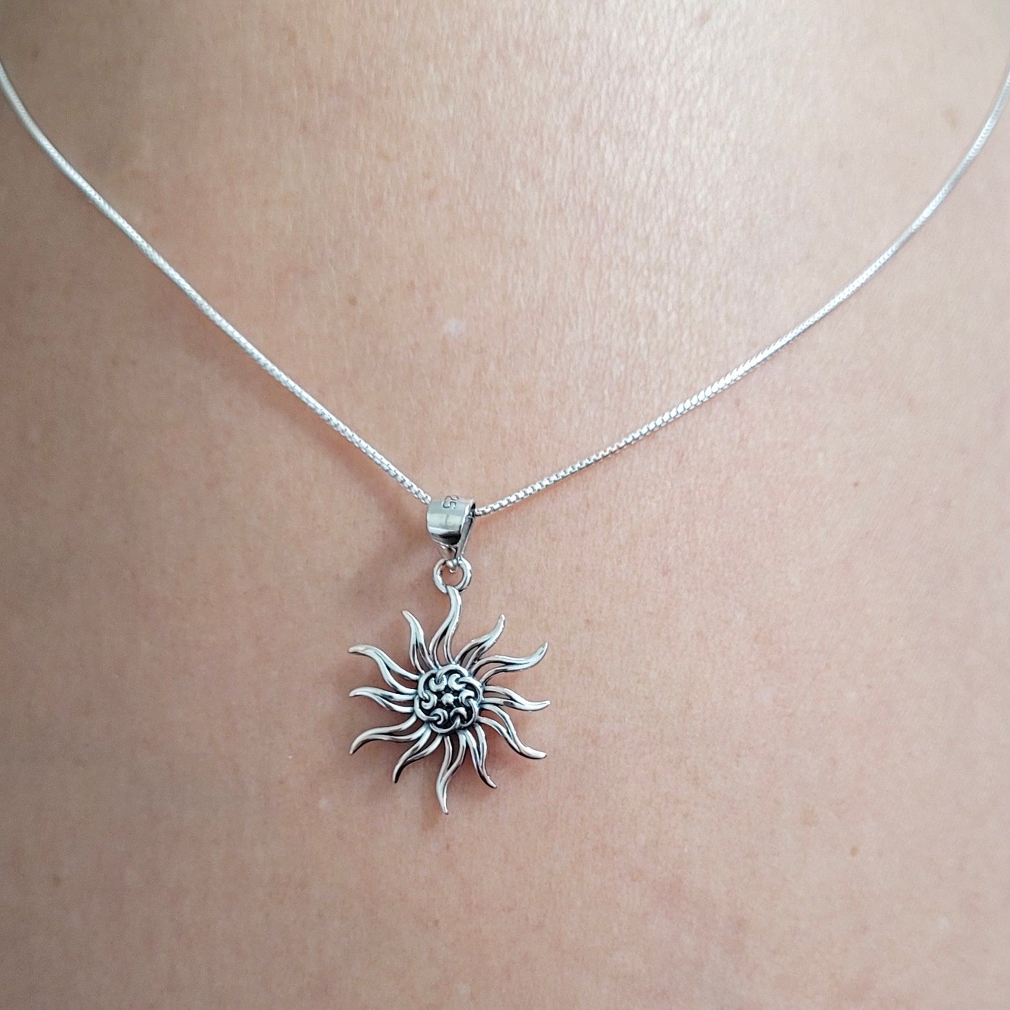 Sterling Silver Sun Pendant Necklace, Silver Chain, Silver Sun Pendant, Silver Sunflower Pendant, Silver Sun Necklace, Sunflower Necklace