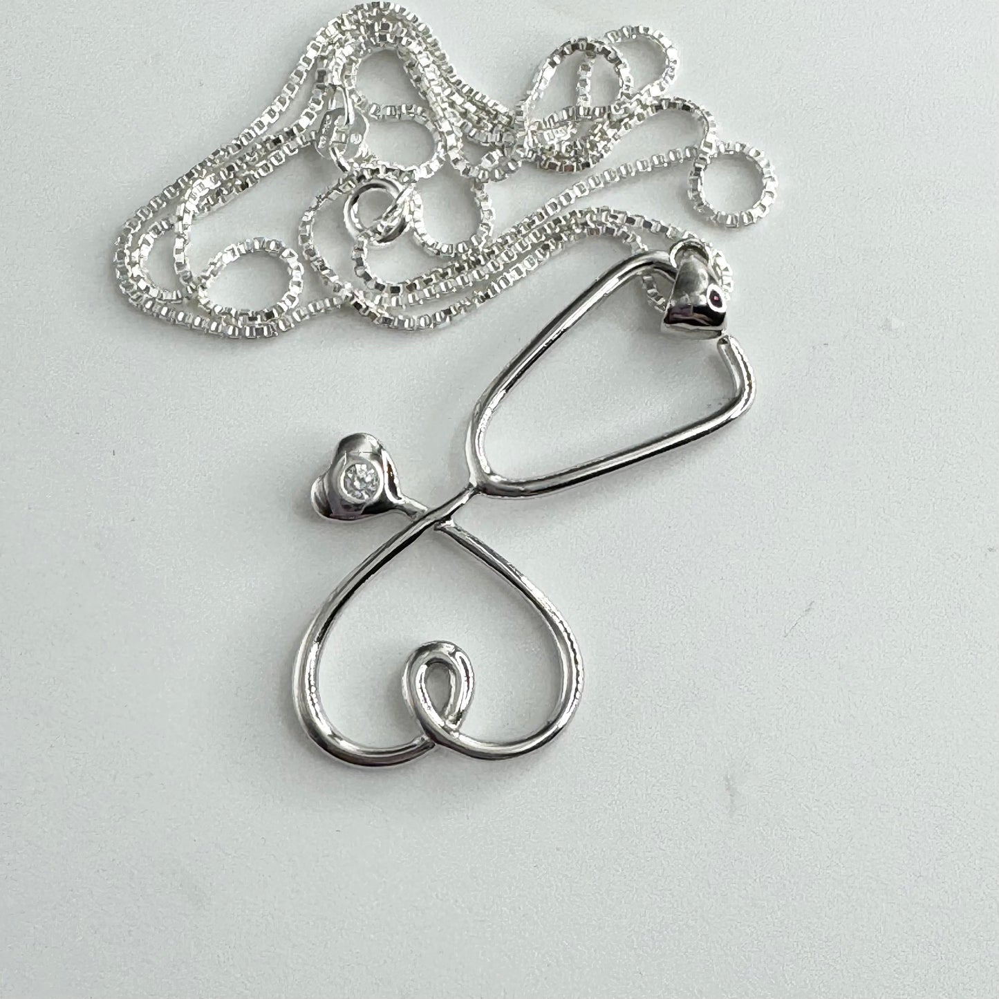 Sterling Silver Heart Stethoscope Pendant Necklace, Nurse Heart Necklace, Stethoscope Necklace, Frontline Worker Jewelry, Silver CZ Pendant