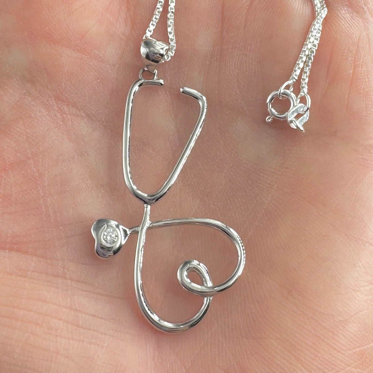 Sterling Silver Heart Stethoscope Pendant Necklace, Nurse Heart Necklace, Stethoscope Necklace, Frontline Worker Jewelry, Silver CZ Pendant