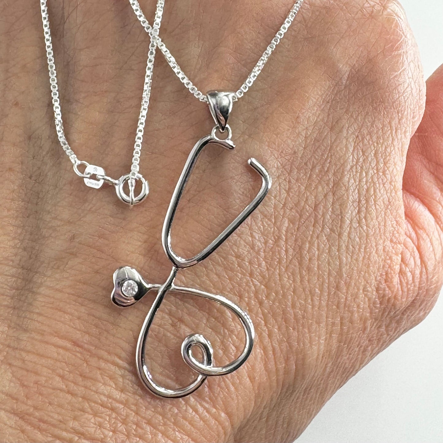 Sterling Silver Heart Stethoscope Pendant Necklace, Nurse Heart Necklace, Stethoscope Necklace, Frontline Worker Jewelry, Silver CZ Pendant