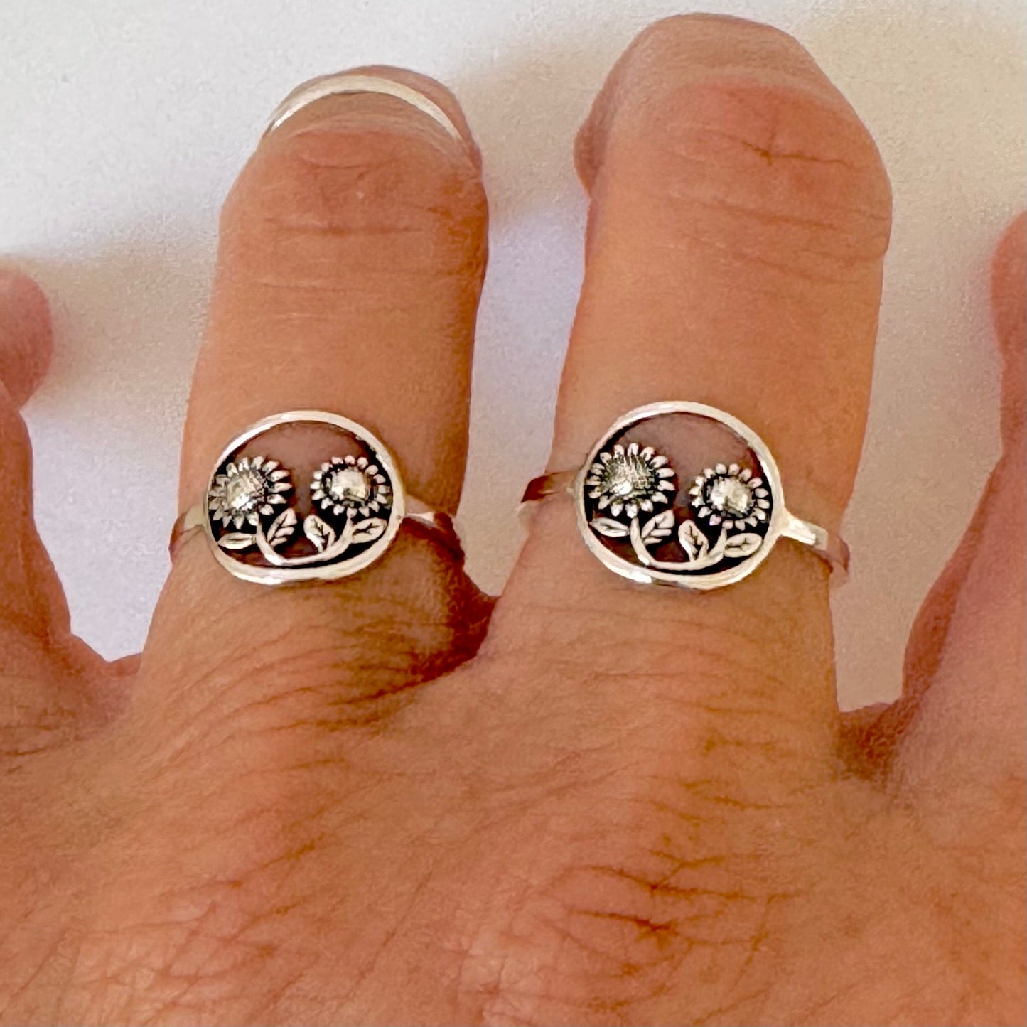 Dainty Sterling Silver Sunflowers Ring: Floral Promise Ring