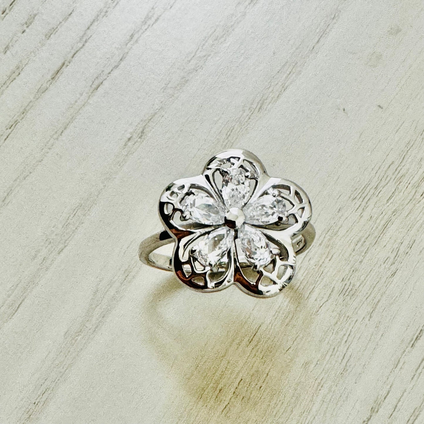 Plumeria CZ Teardrop Sterling Silver Ring, Thin Band, Silver Filigree Ring, Flower Promise Ring, CZ Flower Anniversary Ring, I love U Ring.