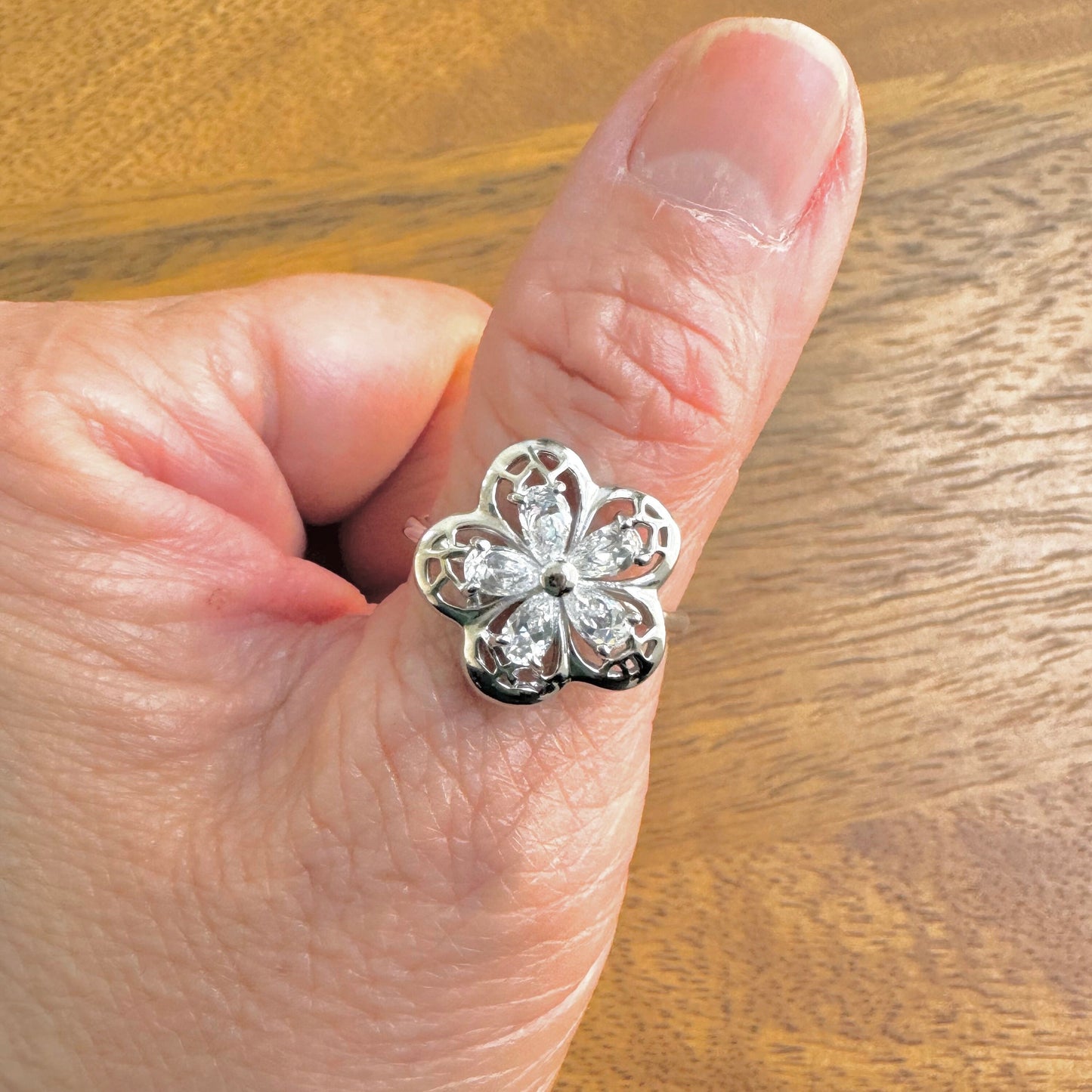 Plumeria CZ Teardrop Sterling Silver Ring, Thin Band, Silver Filigree Ring, Flower Promise Ring, CZ Flower Anniversary Ring, I love U Ring.