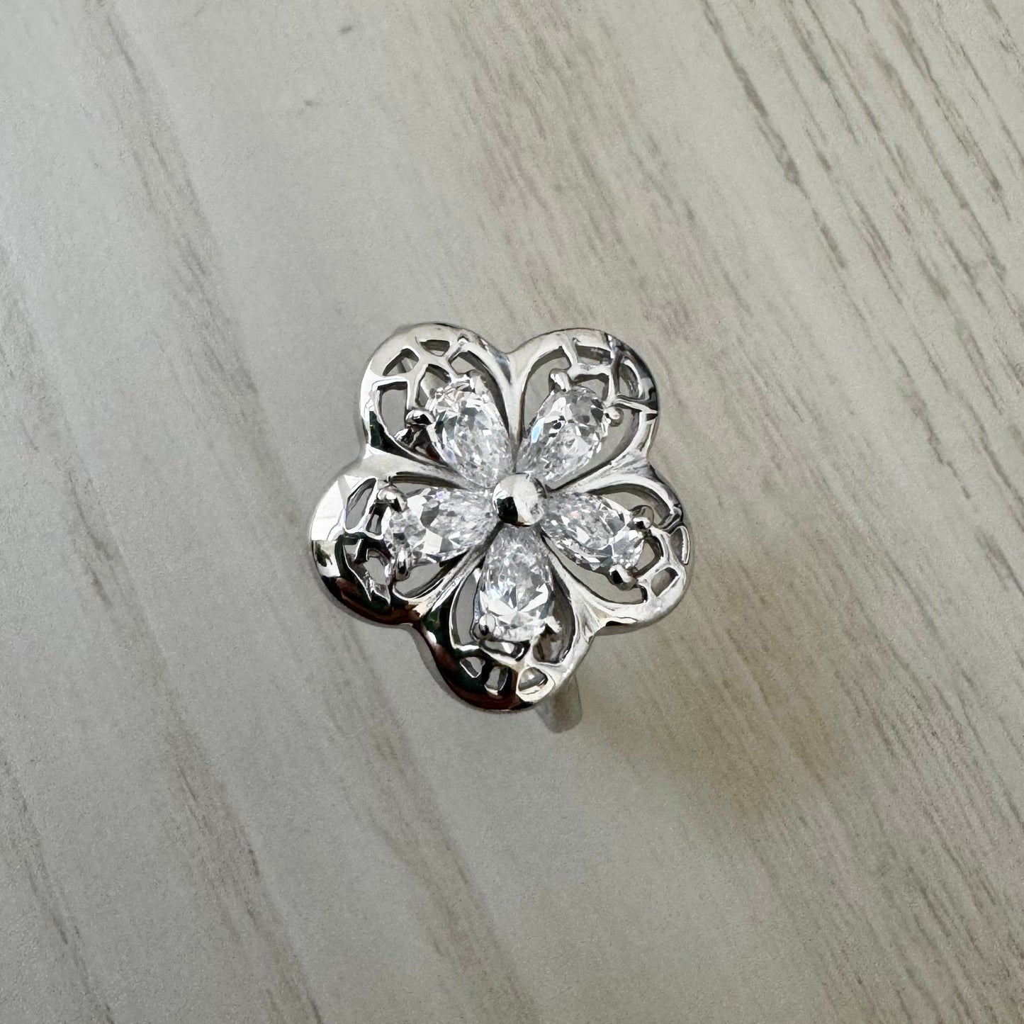 Plumeria CZ Teardrop Sterling Silver Ring, Thin Band, Silver Filigree Ring, Flower Promise Ring, CZ Flower Anniversary Ring, I love U Ring.
