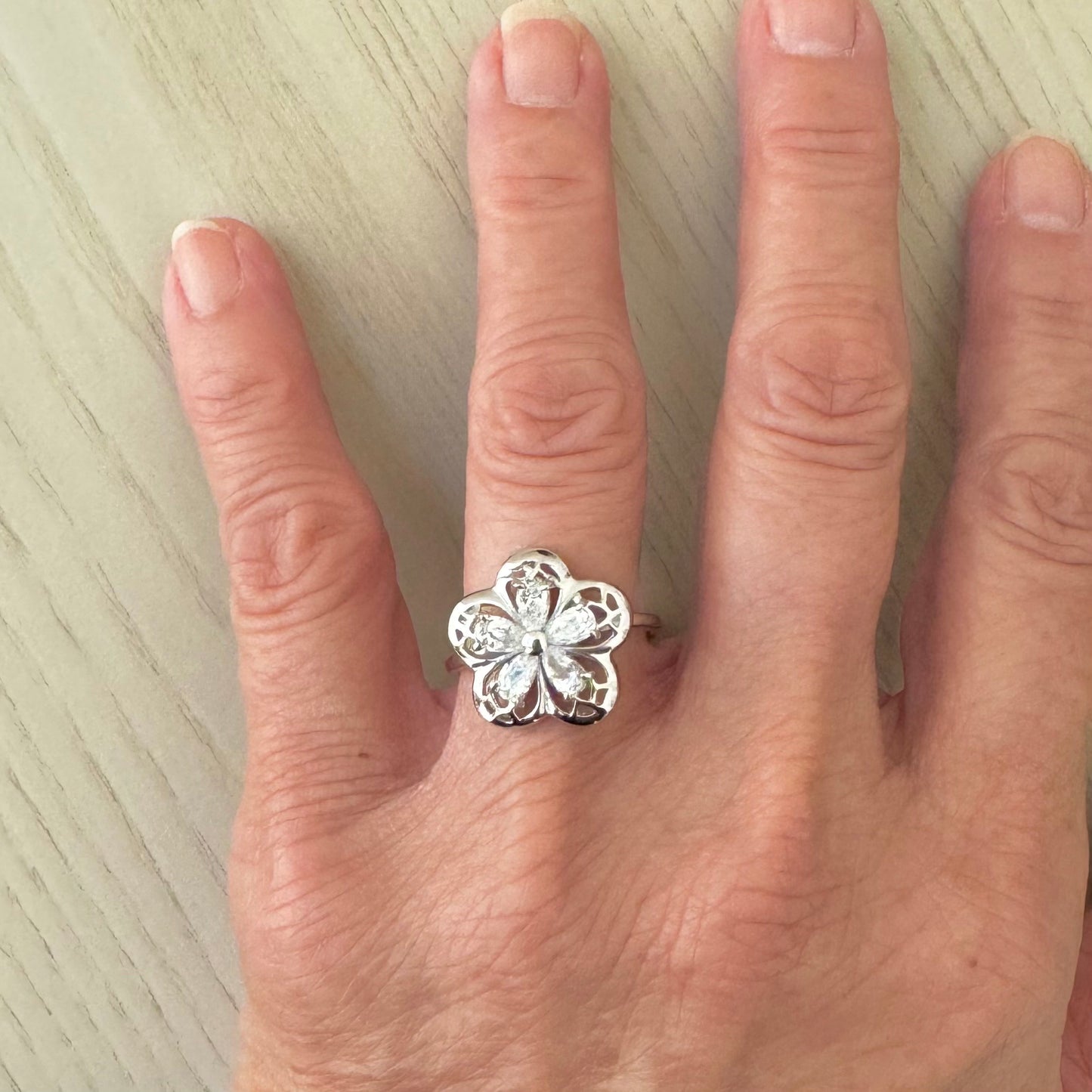 Plumeria CZ Teardrop Sterling Silver Ring, Thin Band, Silver Filigree Ring, Flower Promise Ring, CZ Flower Anniversary Ring, I love U Ring.
