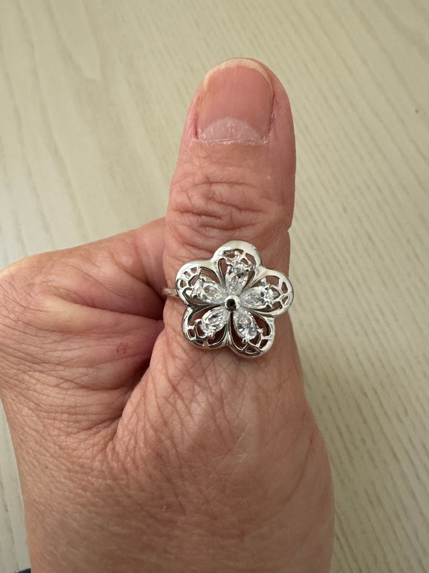Plumeria CZ Teardrop Sterling Silver Ring, Thin Band, Silver Filigree Ring, Flower Promise Ring, CZ Flower Anniversary Ring, I love U Ring.