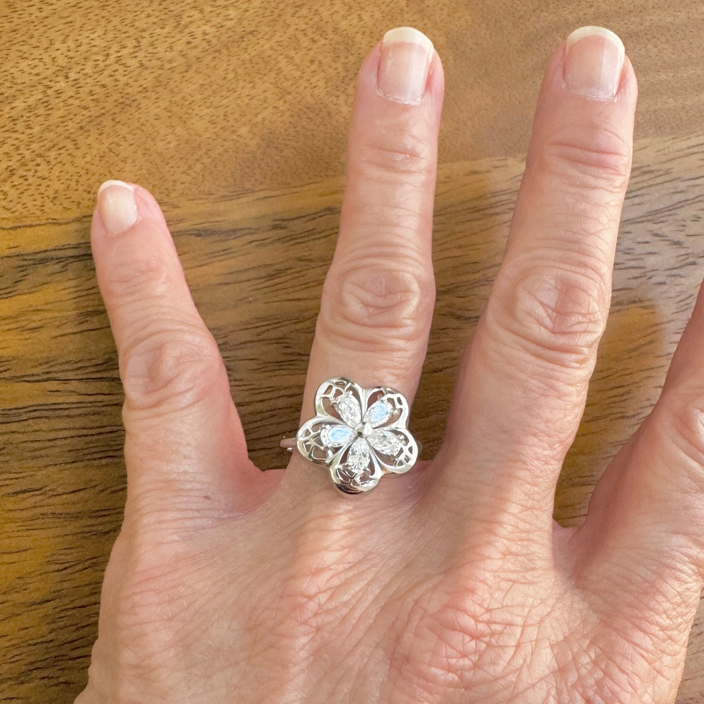 Plumeria CZ Teardrop Sterling Silver Ring, Thin Band, Silver Filigree Ring, Flower Promise Ring, CZ Flower Anniversary Ring, I love U Ring.