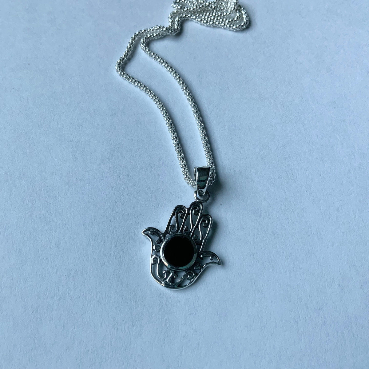 Sterling Silver Hamsa Pendant Necklace: Black Agate Hand of God