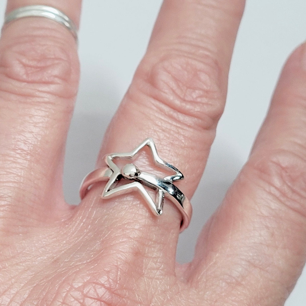 Sterling Silver Open Star Ring: CZ Accent Boho Band