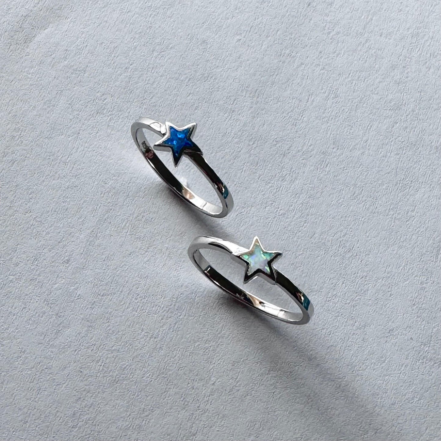Sterling Silver Star Ring: Blue or White Lab Opal Celestial Jewelry