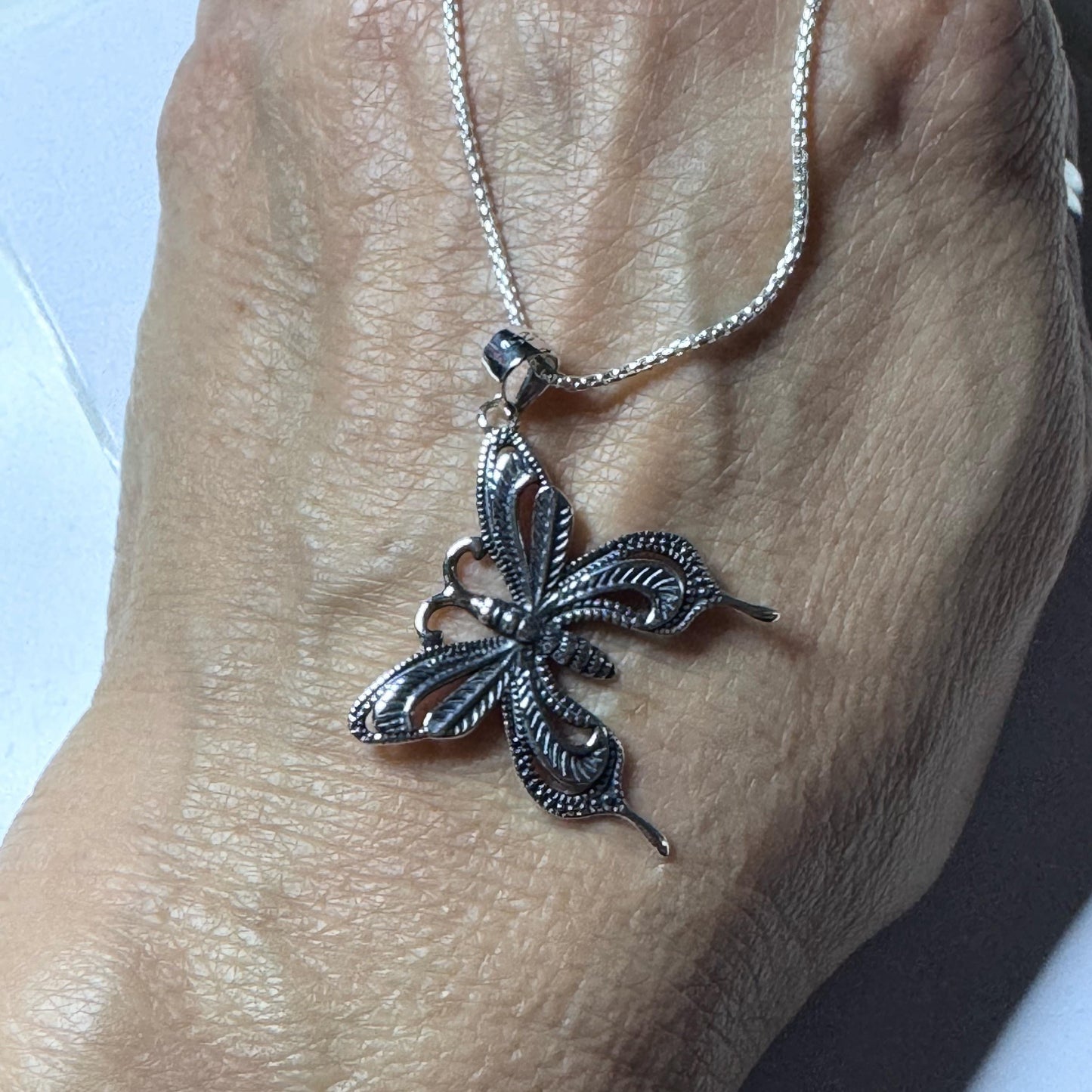 Sterling Silver Butterfly Necklace: CZ Accent, Oxidized Finish