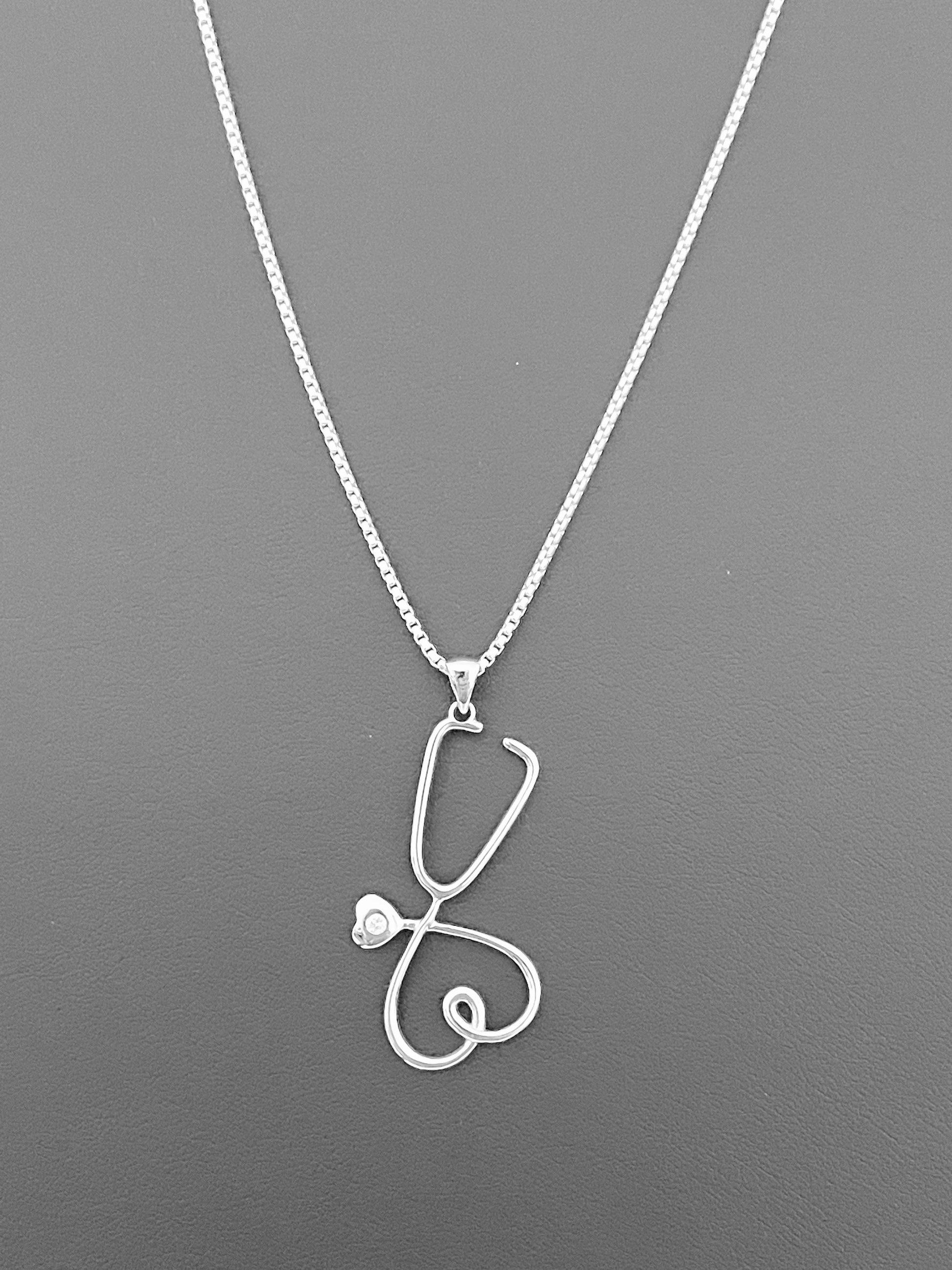 Sterling Silver Heart Stethoscope Pendant Necklace, Nurse Heart Necklace, Stethoscope Necklace, Frontline Worker Jewelry, Silver CZ Pendant