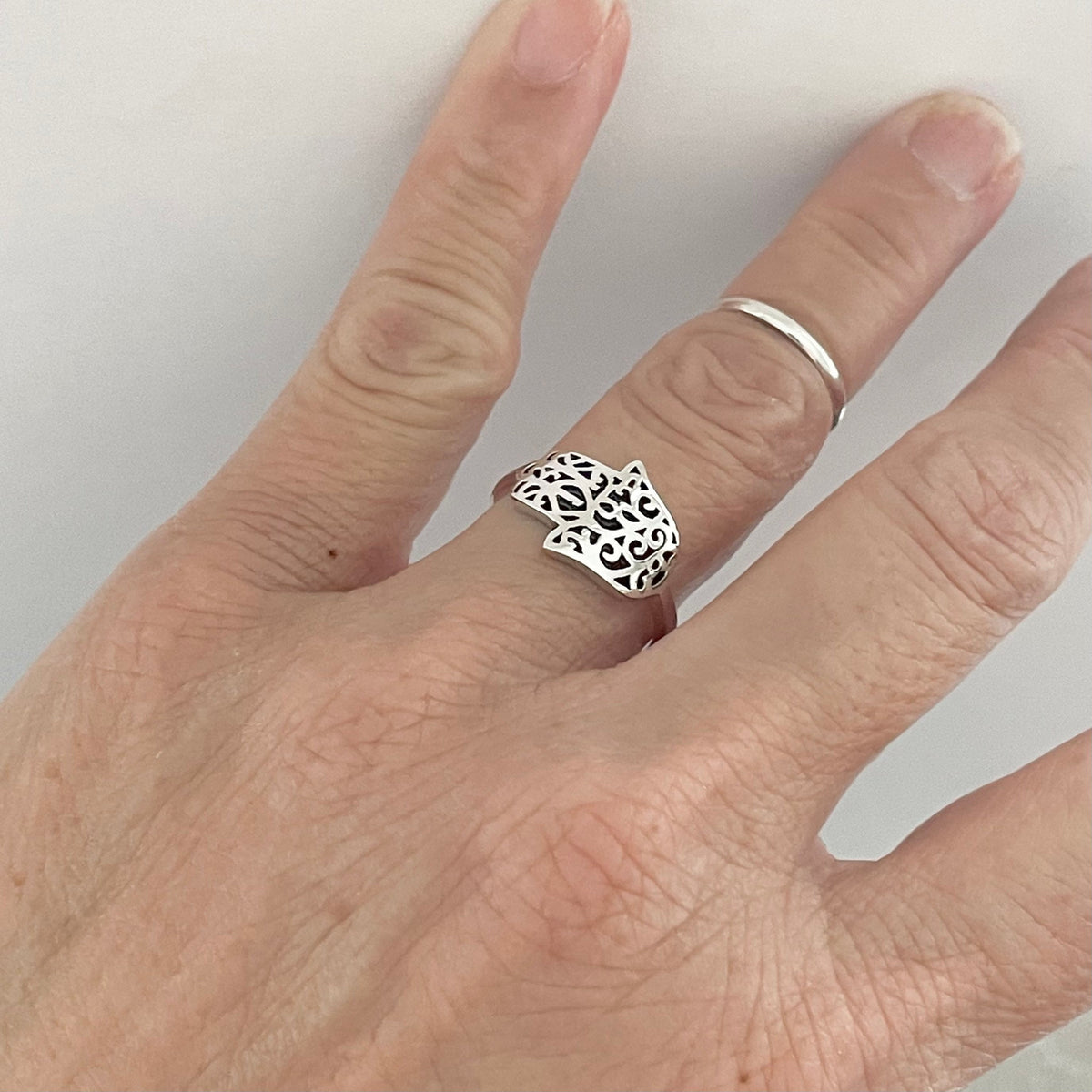Sterling Silver Hamsa Ring: Hand of Fatima Protective Talisman