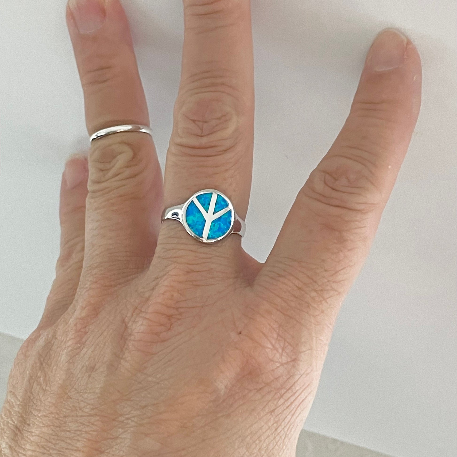 Blue Opal Peace Sign Sterling Silver Ring, Hippie Ring, Peace Ring, Opal Ring, Love Ring, Peace Sign Ring, Silver Ring, Religious Ring