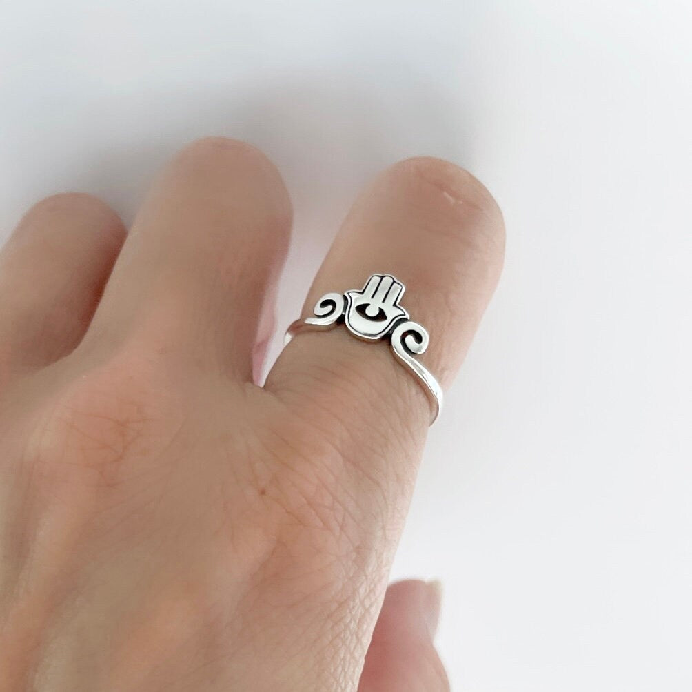 Sterling Silver Hamsa Hand Ring - Hamsa Ring - Evil Eye Ring - Protective Ring