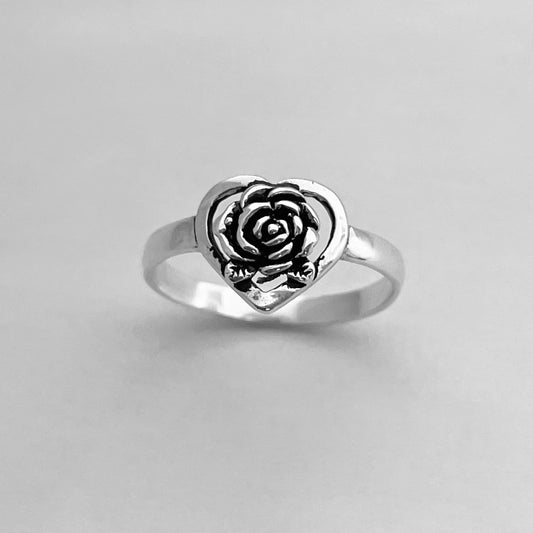 Sterling Silver Rose Heart Ring, Love Ring, Silver Rose Ring, Heart Rose Ring, Flower Ring, Silver Ring, Promise Silver Ring, Boho Ring.