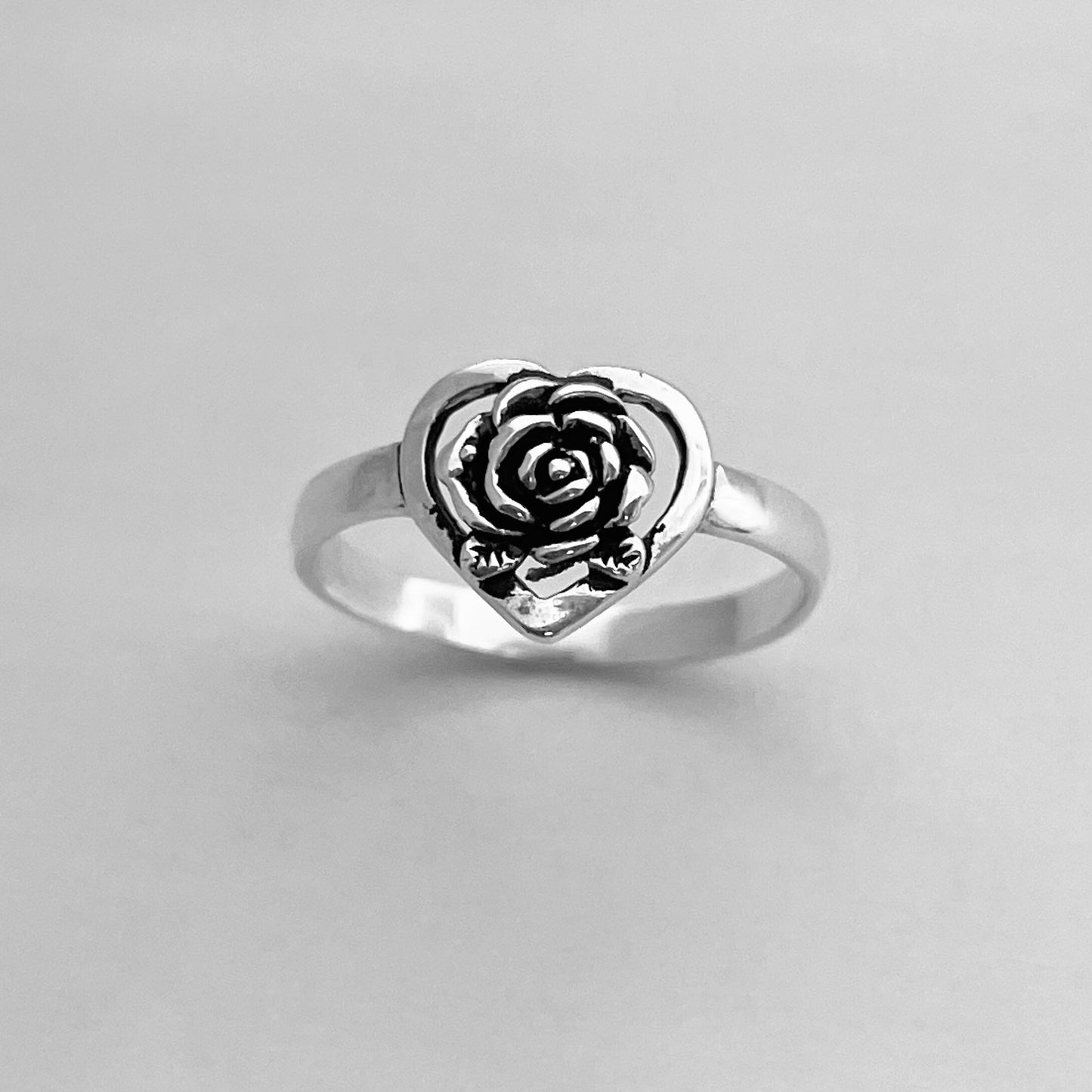 Oxidized Sterling Silver Rose Heart Ring: Boho Flower Jewelry