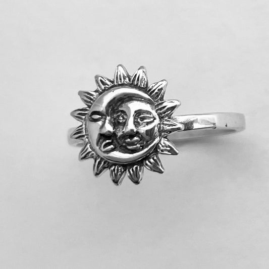 Oxidized Sterling Silver Sun and Moon Face Ring