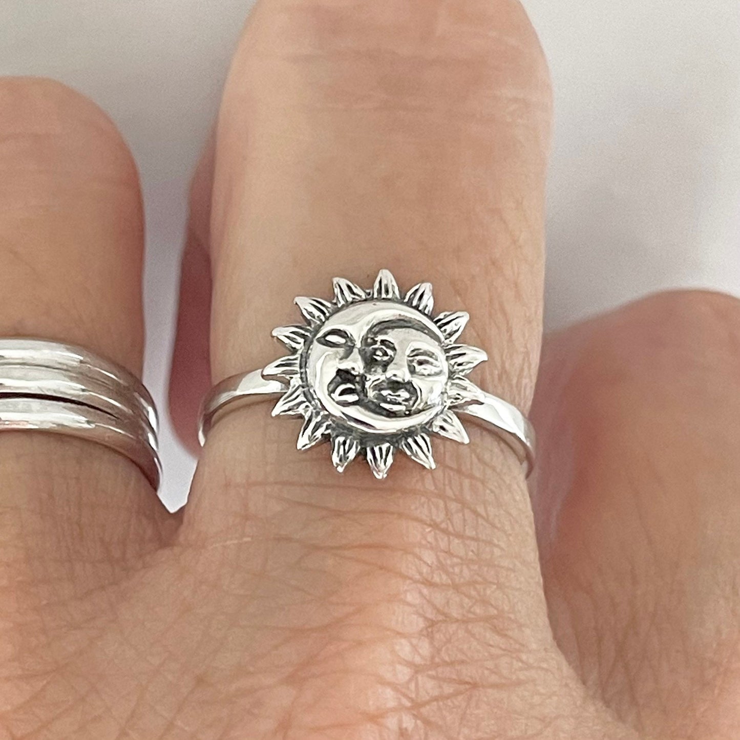 Oxidized Sterling Silver Sun and Moon Face Ring