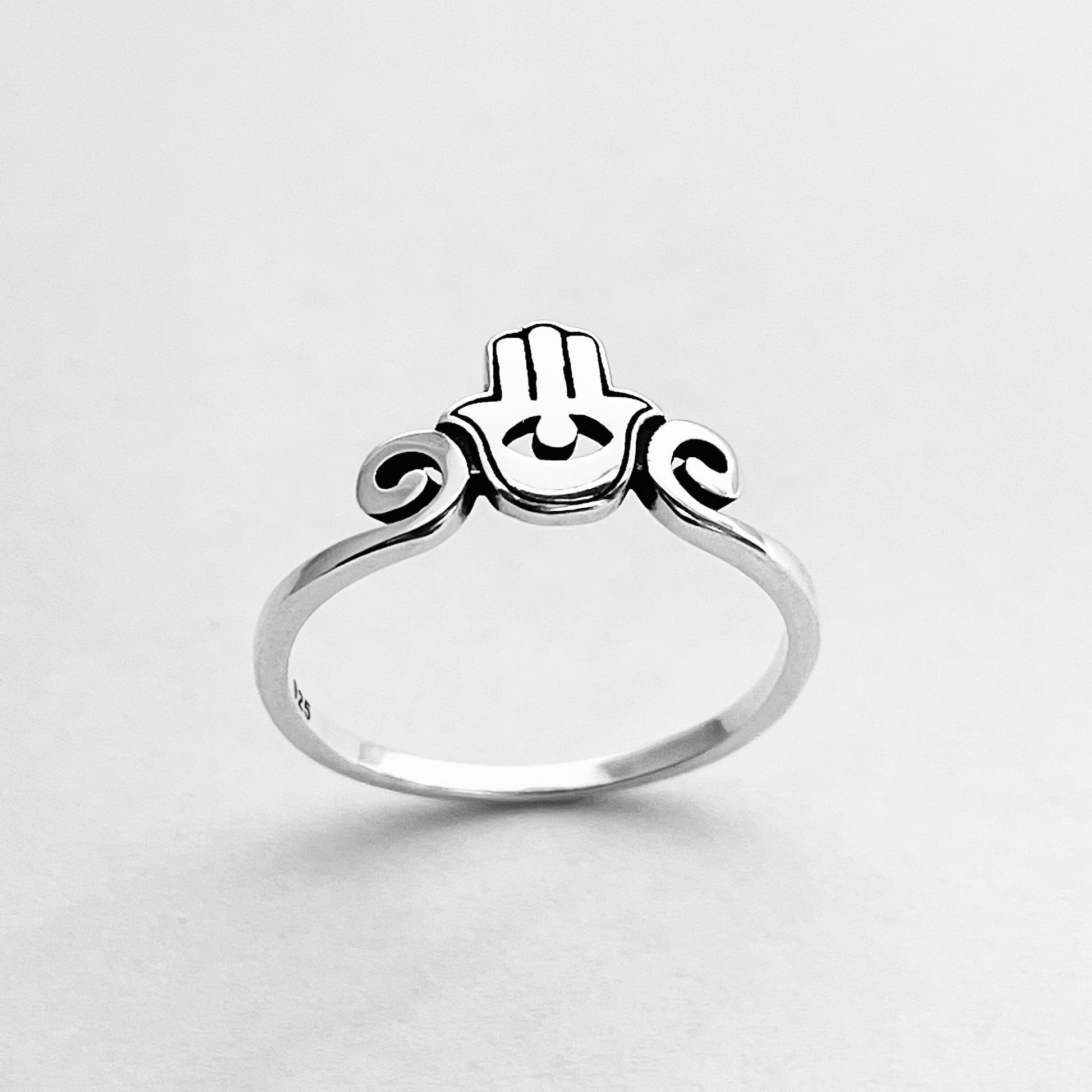 Sterling Silver Hamsa Hand Ring - Hamsa Ring - Evil Eye Ring - Protective Ring