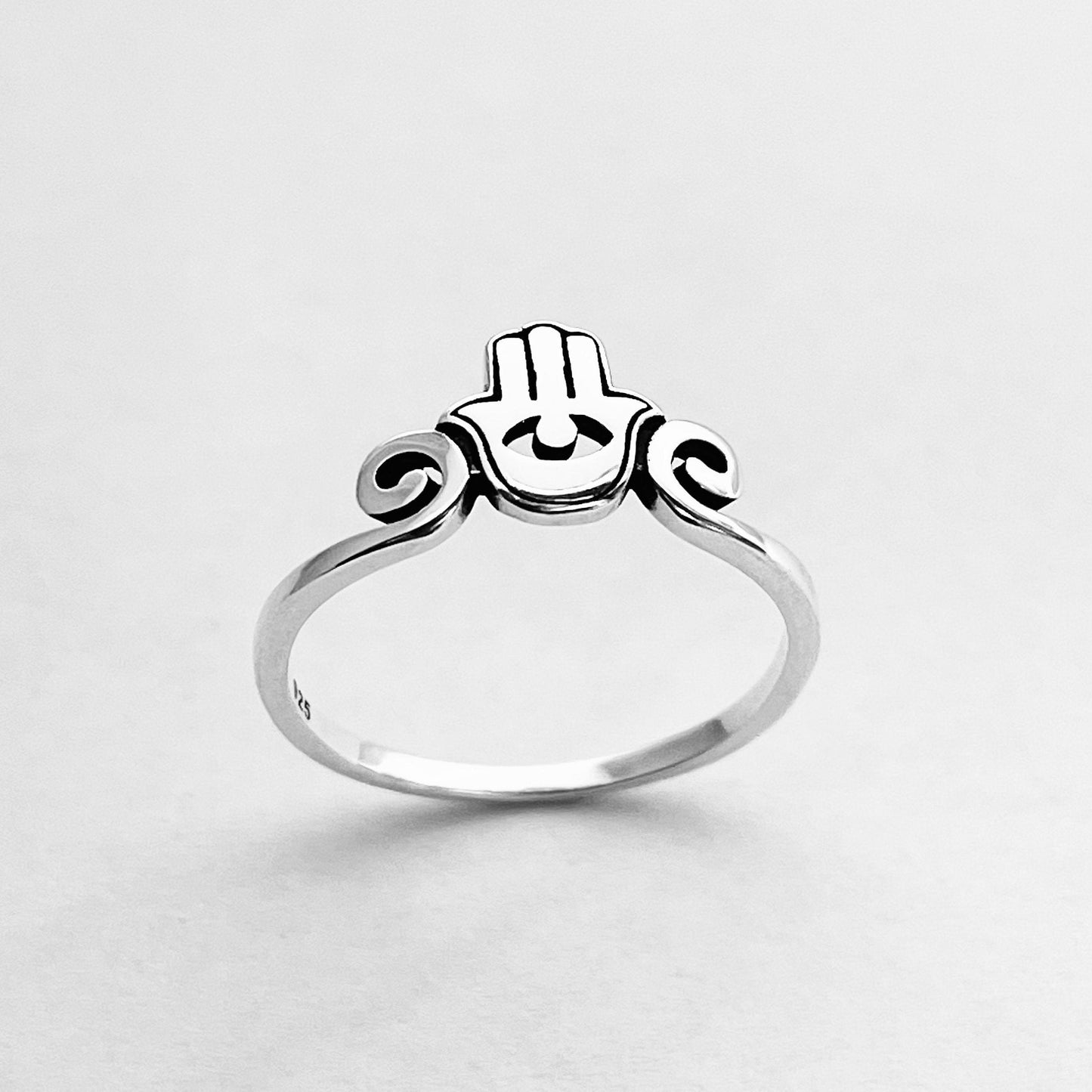Oxidized Sterling Silver Hamsa Hand Ring: Protective Evil Eye Jewelry