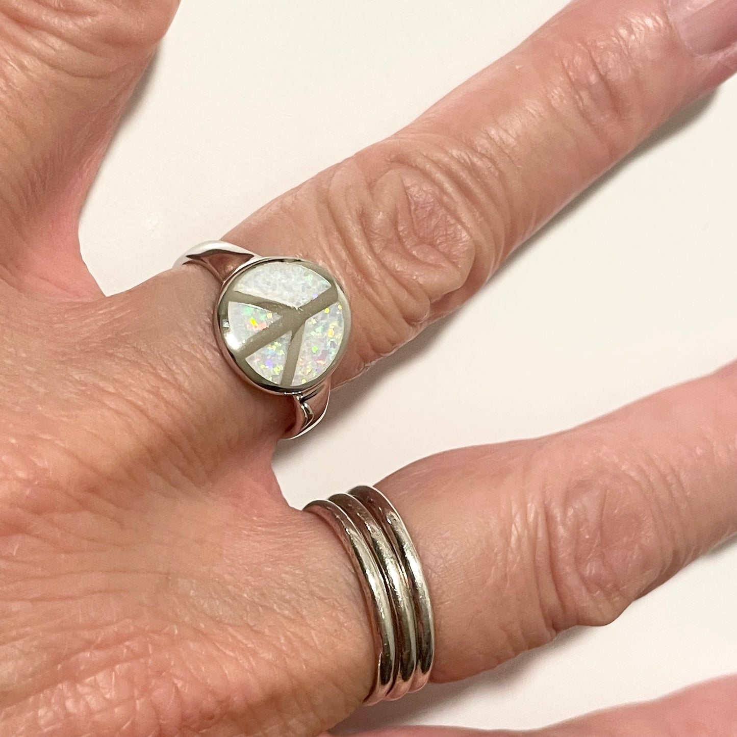 Fire Opal Peace Sign Ring: Sterling Silver Hippie Jewelry