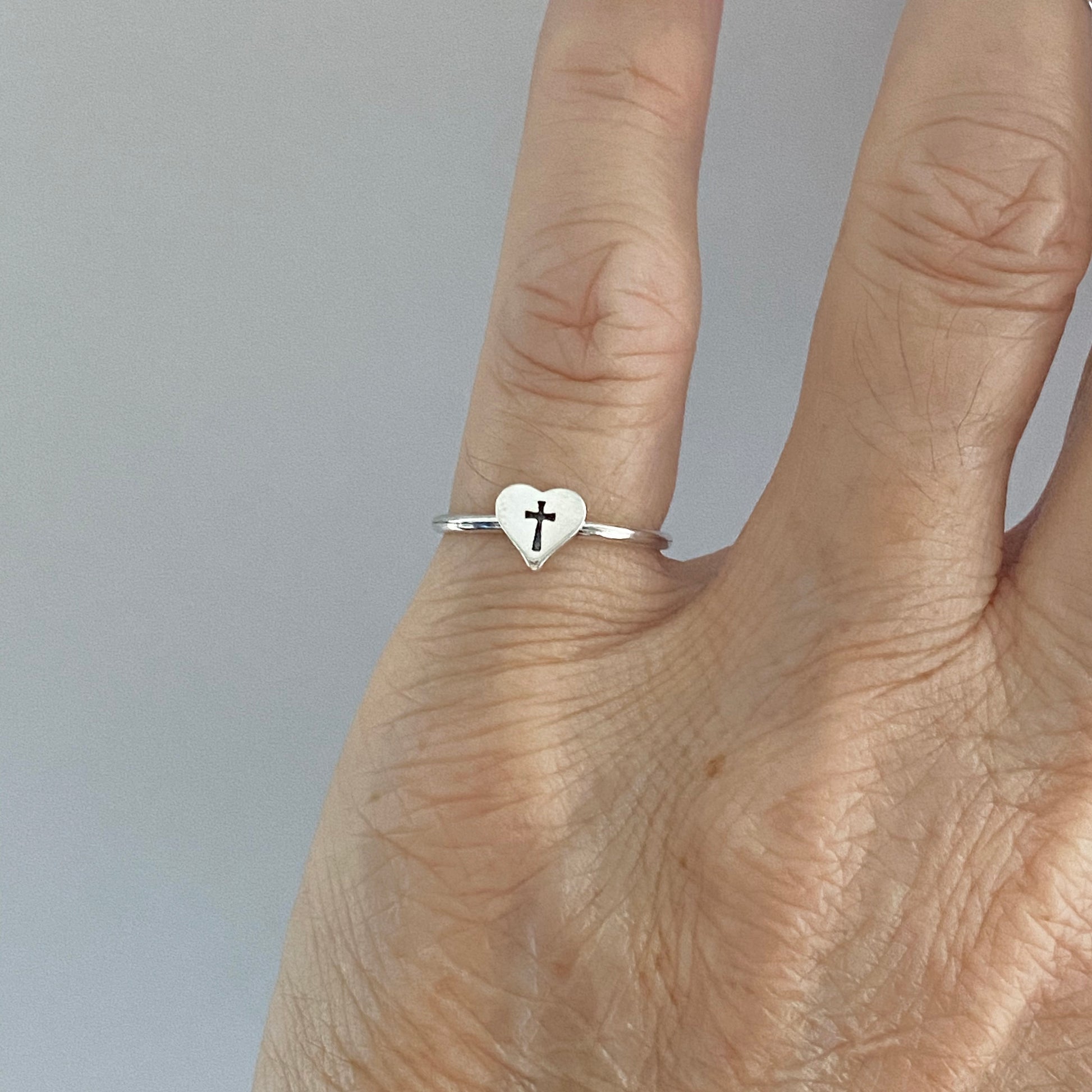 Sterling Silver Dainty Heart Cross Ring, Silver Heart Ring, Love Ring, Dainty Ring, Silver Cross Ring, Statement Ring, Religious Heart Ring