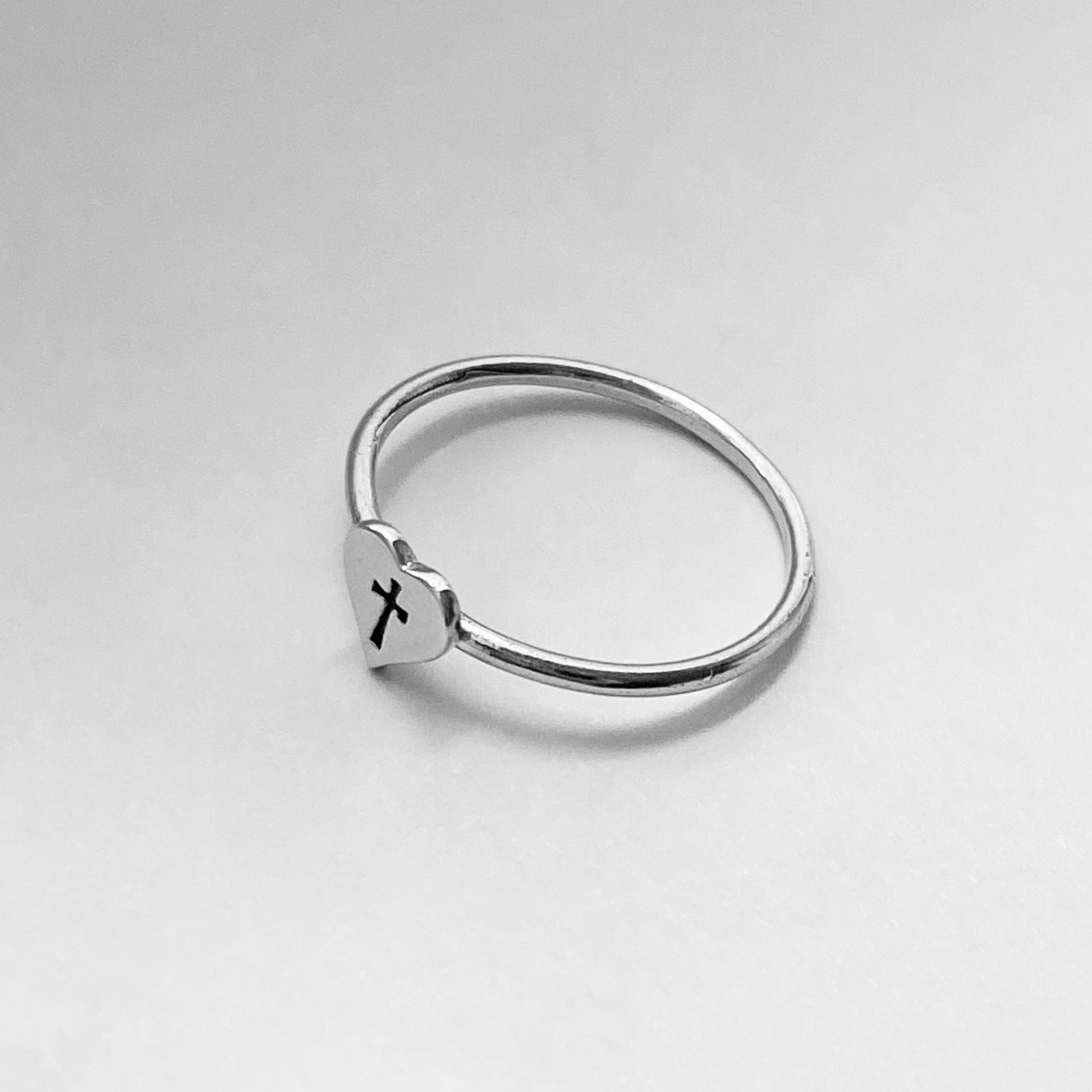Sterling Silver Dainty Heart Cross Ring: Religious Jewelry