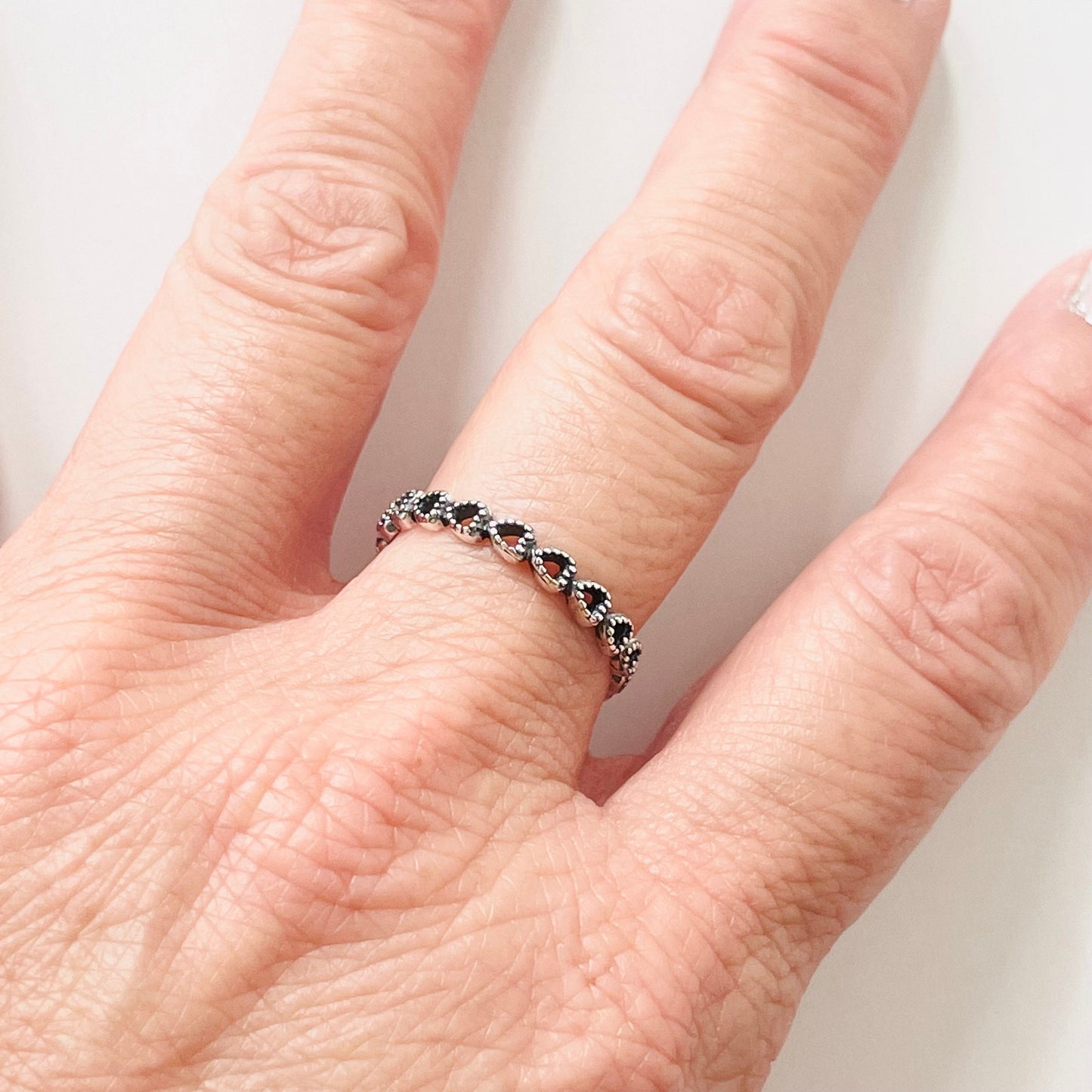 Oxidized Sterling Silver Hearts Band Ring: Dainty Stackable Promise Ring